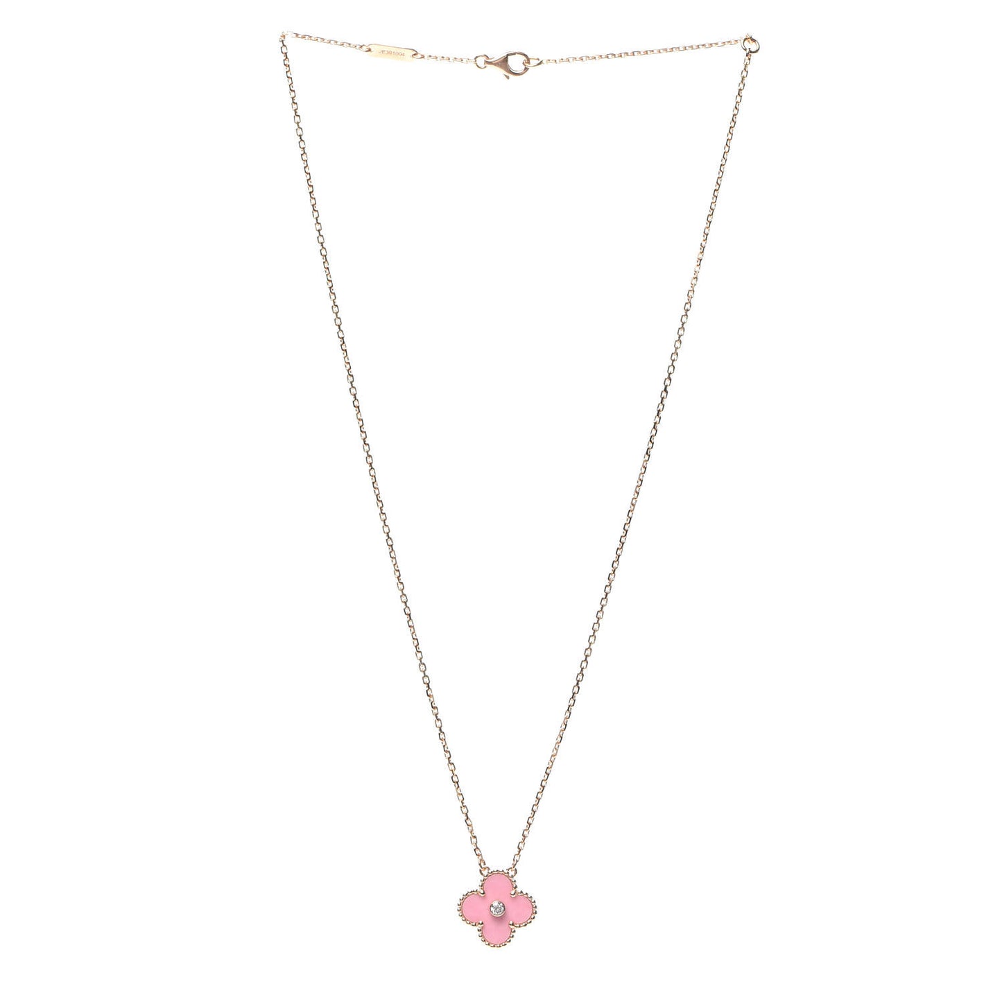 18K Rose Gold Diamond Pink Porcelain Vintage Alhambra Pendant Necklace