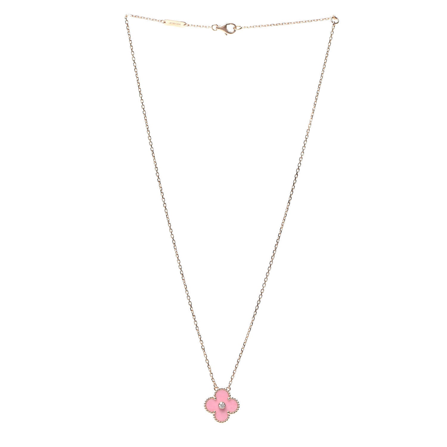 Van Cleef & Arpels 18K Rose Gold Diamond Pink Porcelain Vintage Alhambra Pendant Necklace 3 of 6