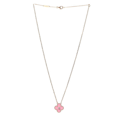 Van Cleef & Arpels 18K Rose Gold Diamond Pink Porcelain Vintage Alhambra Pendant Necklace 3 of 6