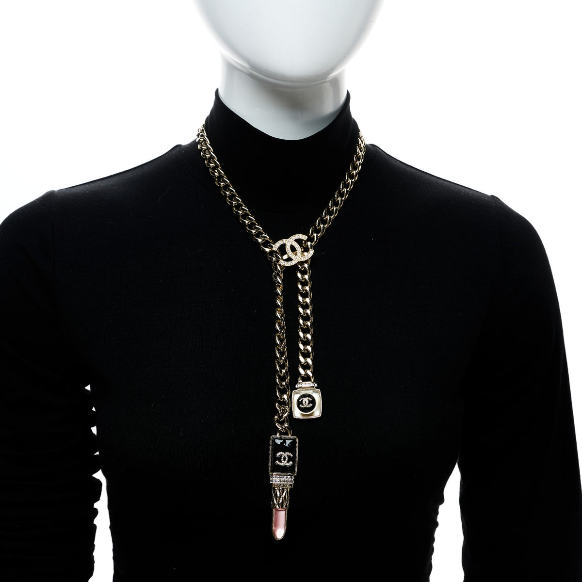 Metal Strass Pearl Lipstick Necklace Pink Gold
