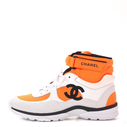 Chanel Suede Calfskin Lambskin Neoprene High Top CC Sneakers 41 White Fluo Orange 1 of 9