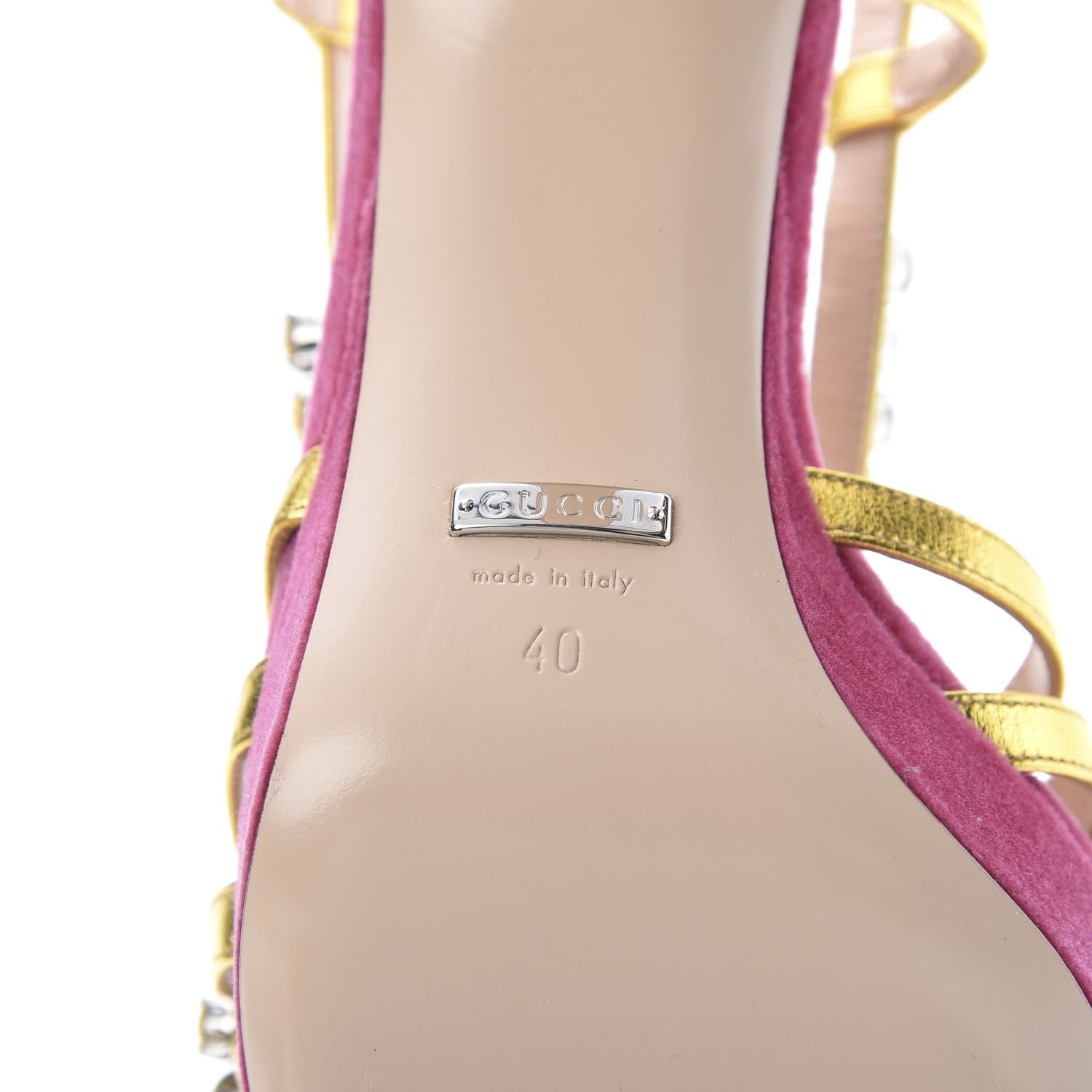 Gucci Velvet Nappa Crystal Zephyra Slingback Platform High Heel Sandals 40 Pink Gold 7 of 10
