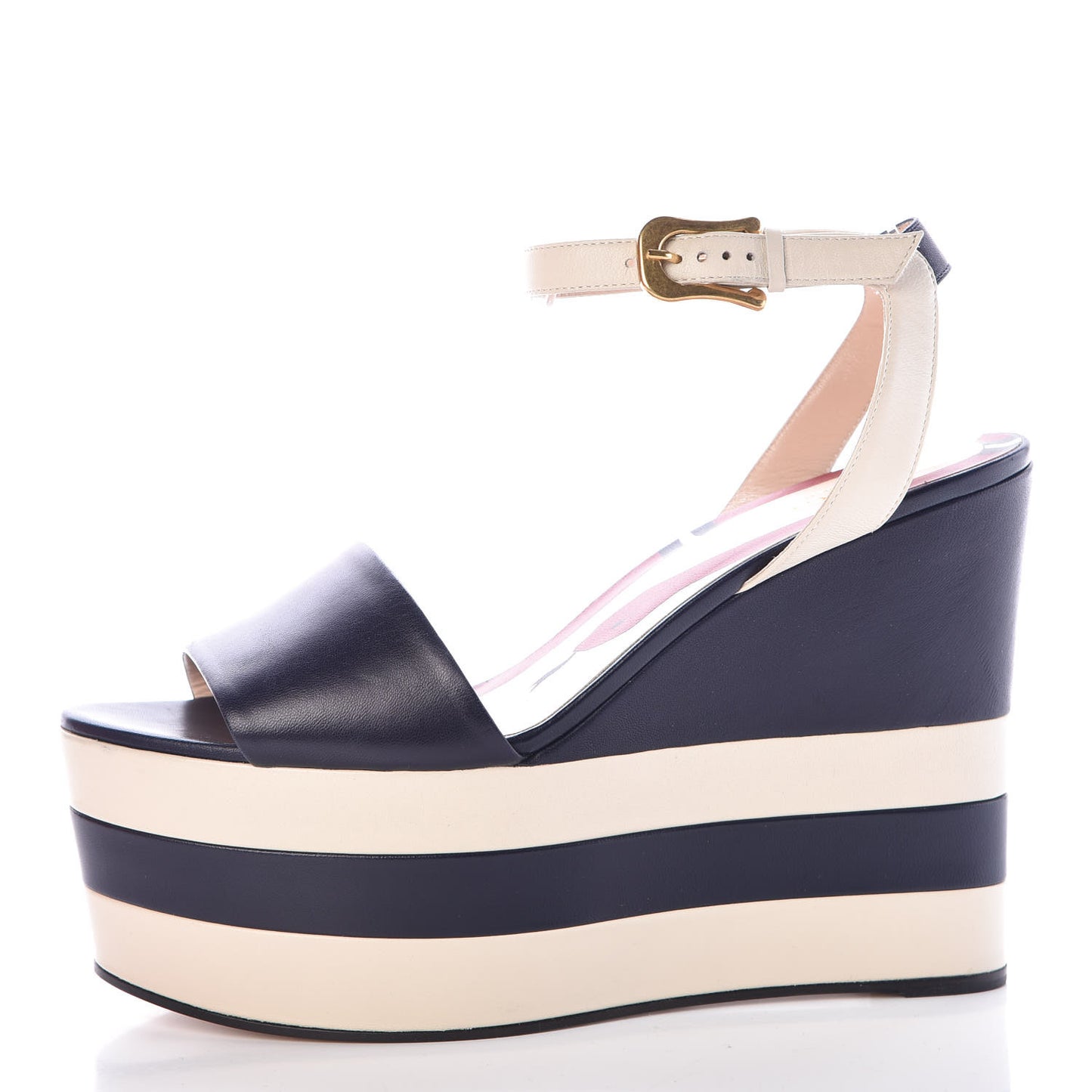 Calfskin Sally Striped Platform Wedge Sandals 39.5 Navy Ivory