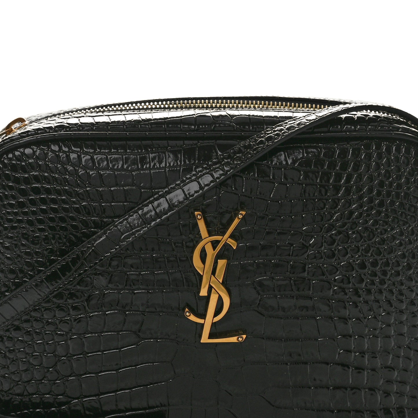 Patent Calfskin Crocodile Embossed Monogram Lou Camera Bag Black