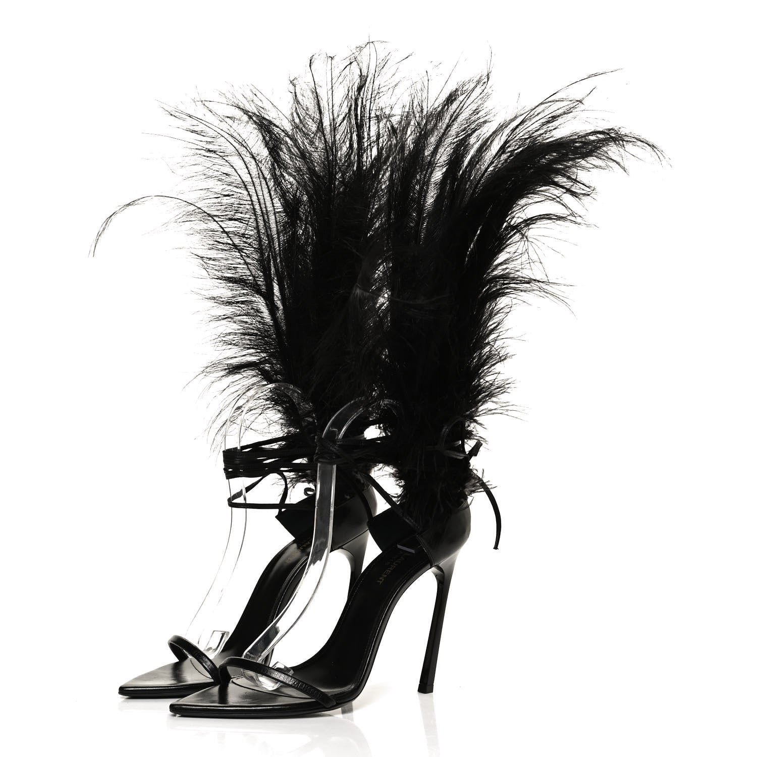 Saint Laurent Feather Embellished Calfskin Talitha Ankle-Wrap Sandals 39 Black 3 of 11