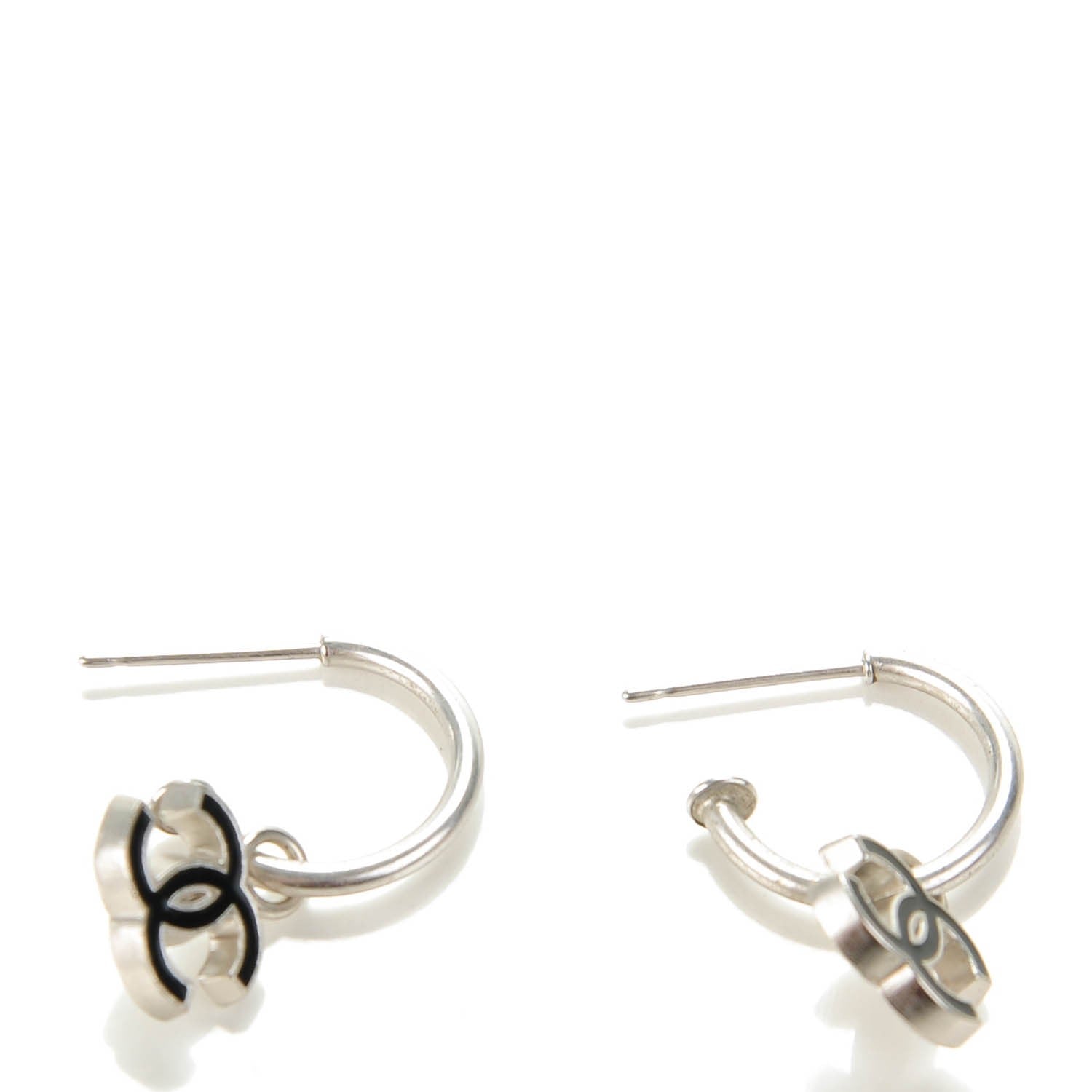 Chanel Enamel CC Hoop Earrings Silver Black 3 of 4