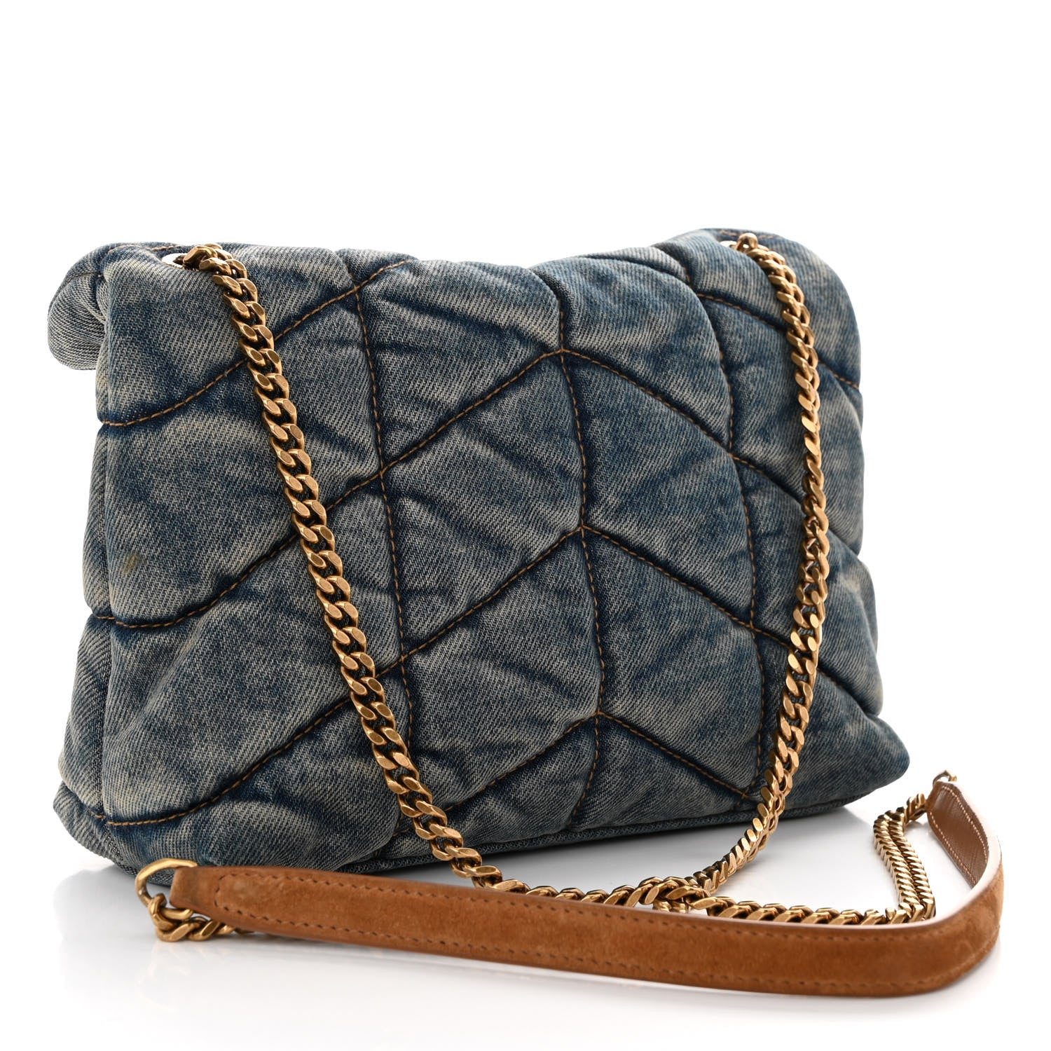 Saint Laurent Denim Quilted Toy Loulou Puffer Monogram Chain Satchel Blue Cinnamon 3 of 11