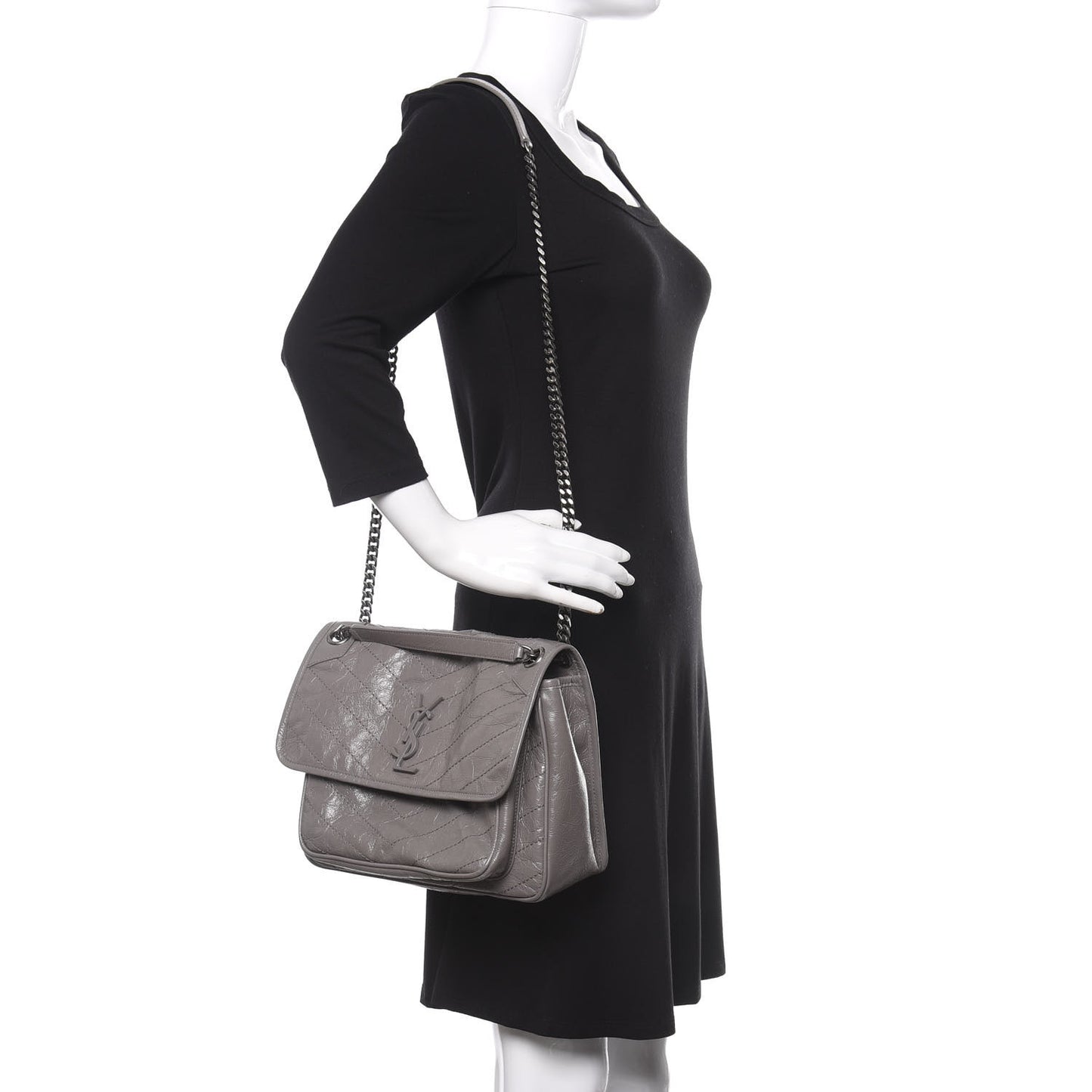 Crinkled Calfskin Matelasse Monogram Medium Niki Chain Satchel Fog