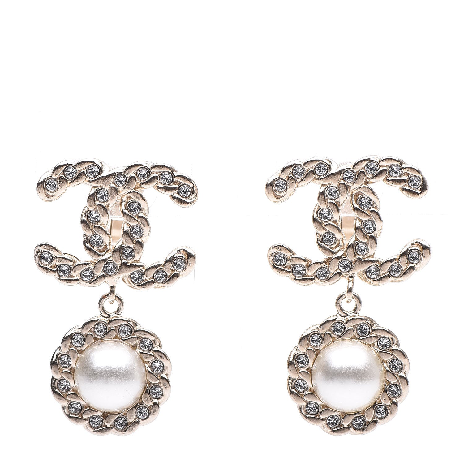 Chanel Crystal Pearl Pearls Coronation CC Drop Clip On Earrings Gold 1 of 5