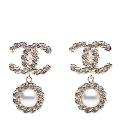 Chanel Crystal Pearl Pearls Coronation CC Drop Clip On Earrings Gold 1 of 5