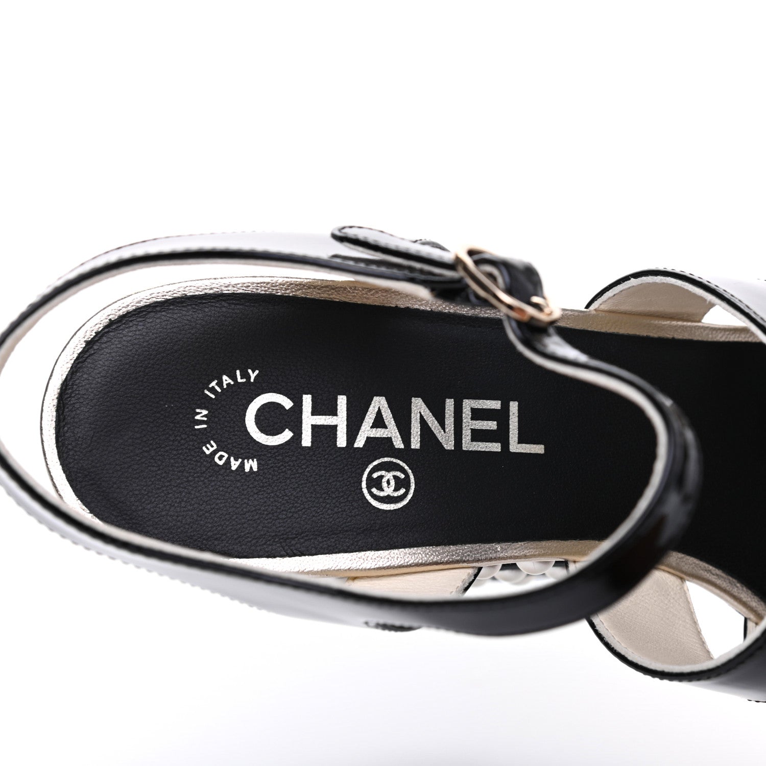 Chanel Patent Calfskin Grosgrain Pearl CC Wedge Sandals 38.5 Black 7 of 9