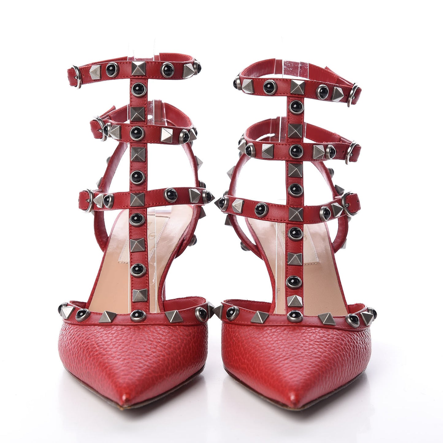 Pebbled Calfskin Onyx Rockstud Rolling Ankle Strap 65mm Pumps 35 Rosso Valentino