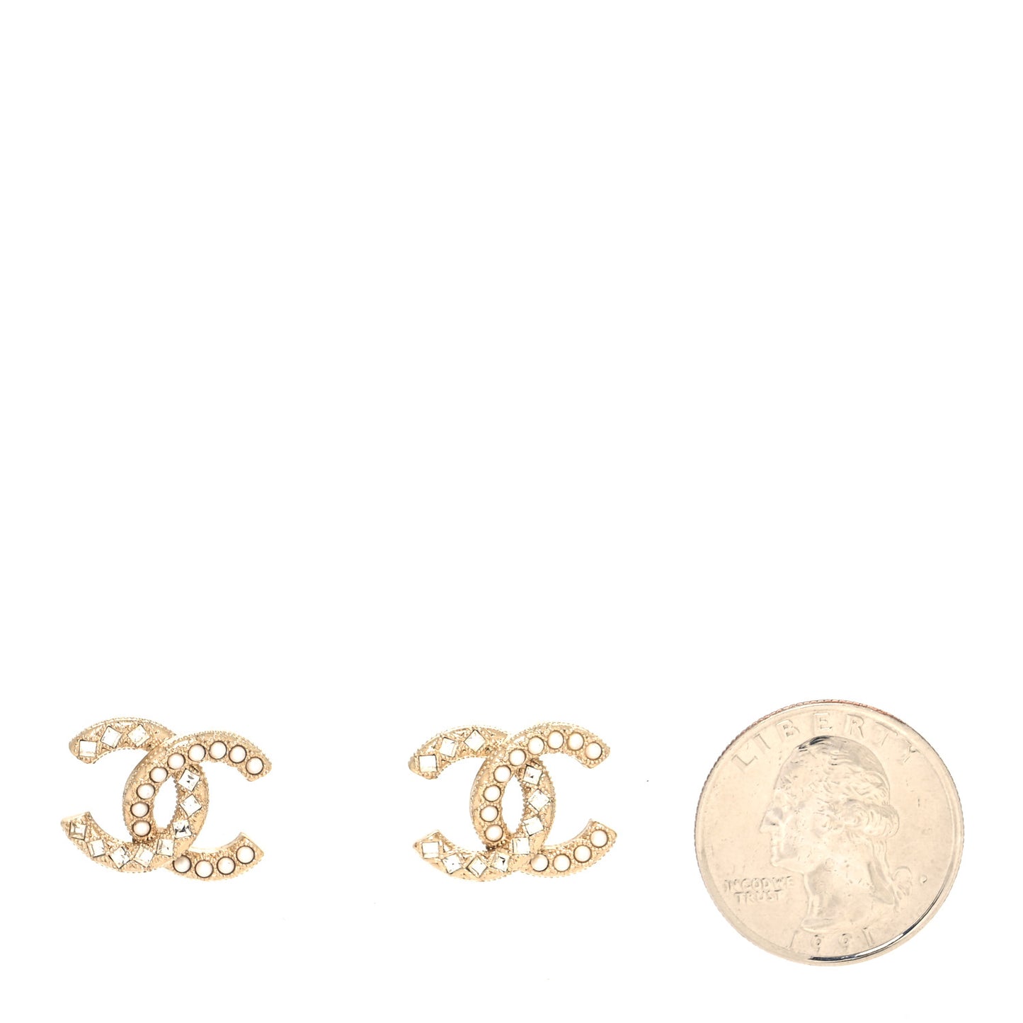 Pearl Crystal CC Stud Earrings Gold