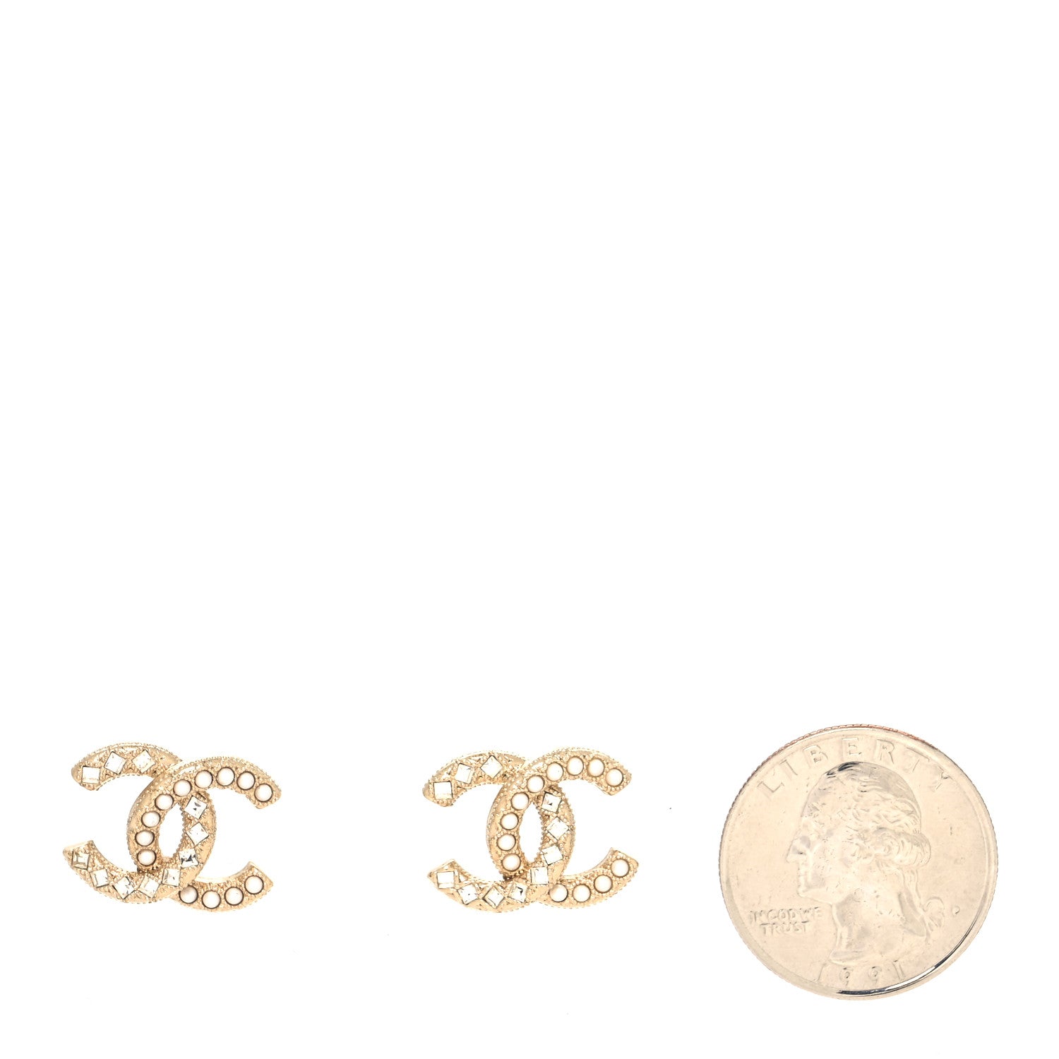 Chanel Pearl Crystal CC Stud Earrings Gold 2 of 4