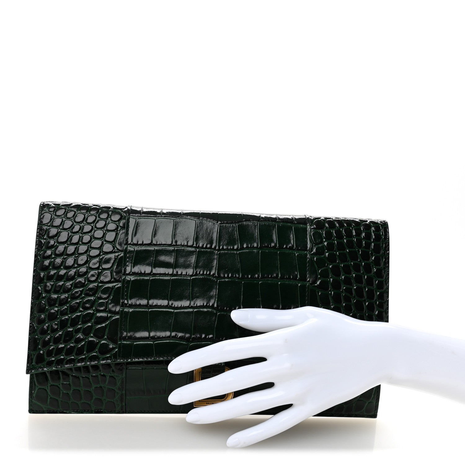 Balenciaga Shiny Calfskin Crocodile Embossed Hourglass Flap Flat Pouch Forest Green 2 of 6