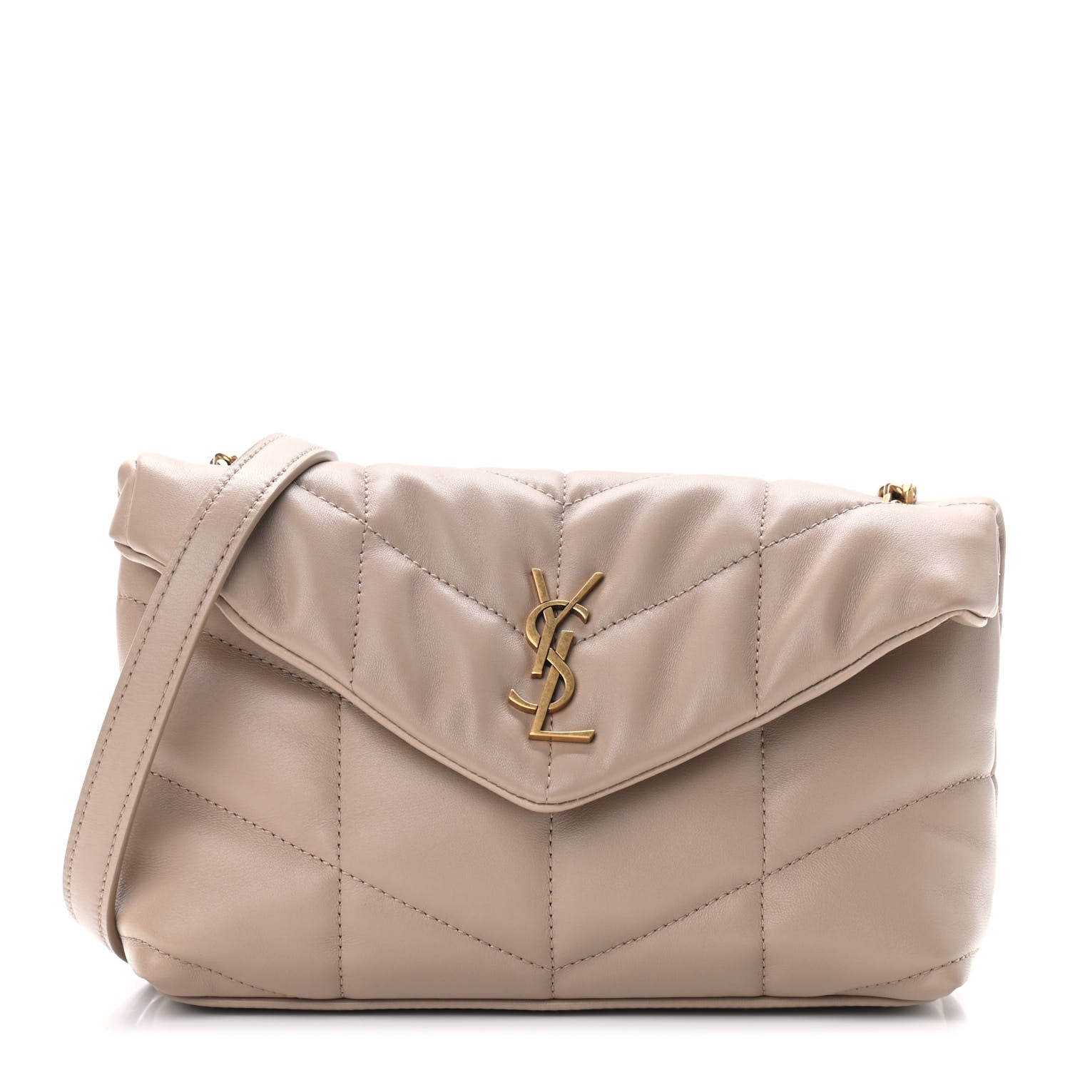 Saint Laurent Lambskin Quilted Toy Loulou Puffer Monogram Chain Satchel Dark Beige 1 of 9