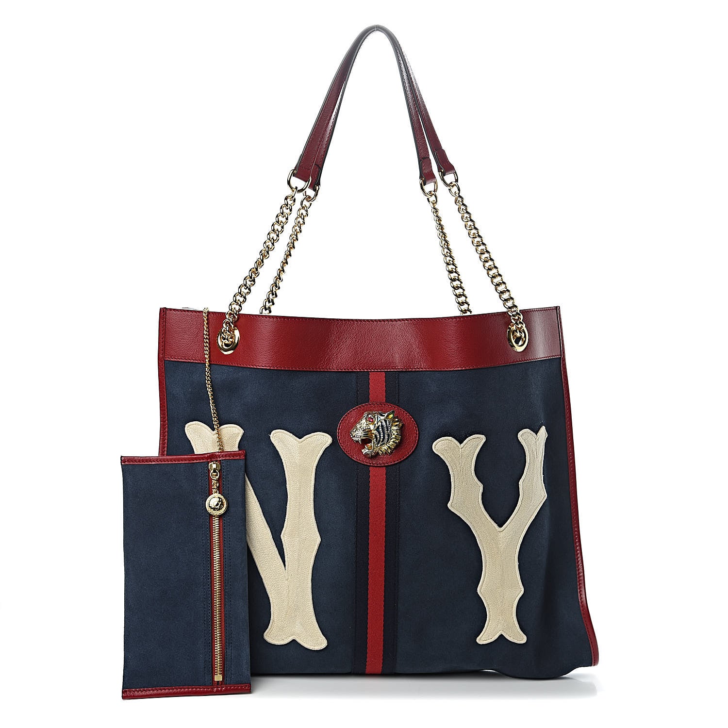 Gucci X MLB Suede Calfskin NY Yankees Large Rajah Chain Tote New Blue Romantic Cherry 1 of 12