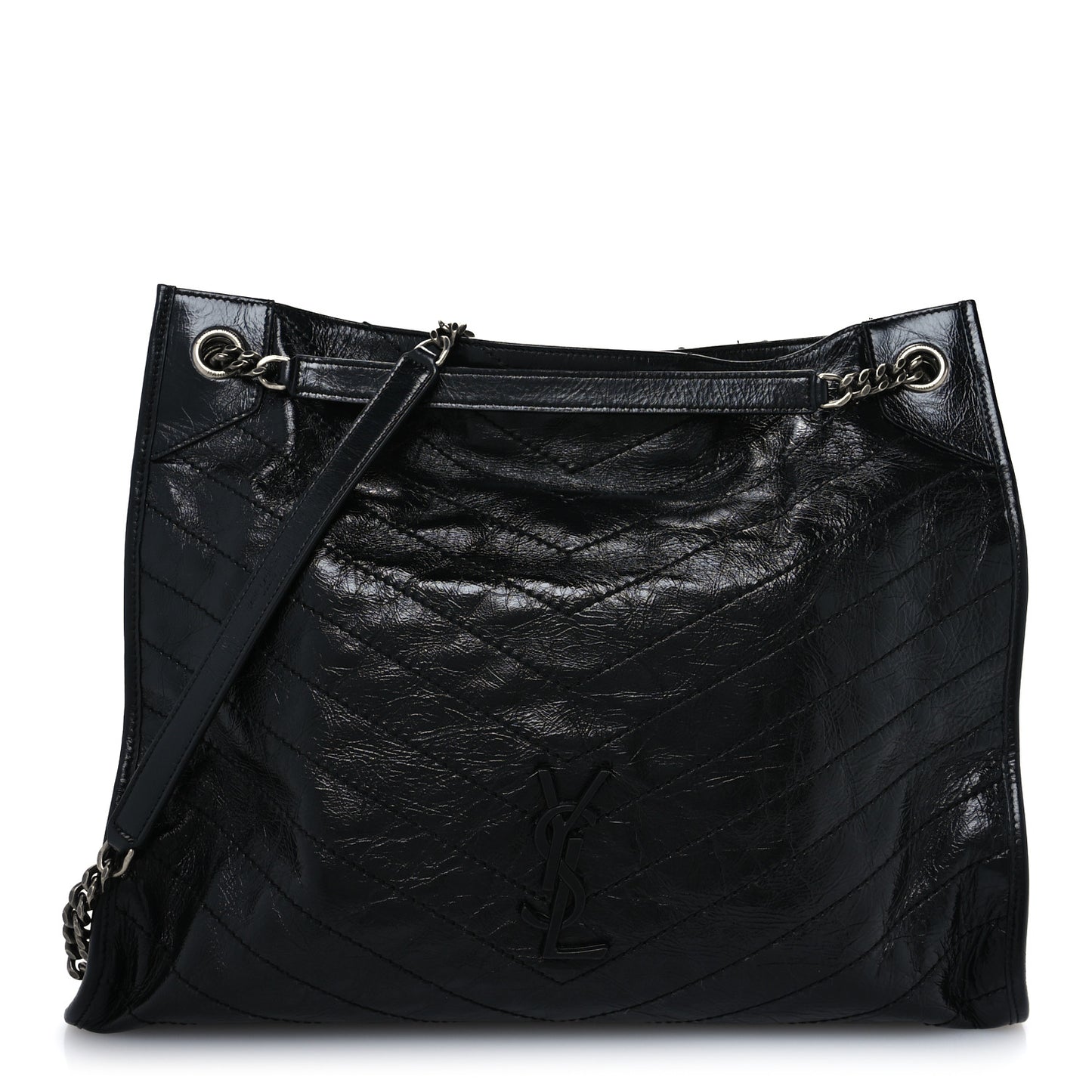 Crinkled Calfskin Matelasse Monogram Large Niki Shopper Tote Black