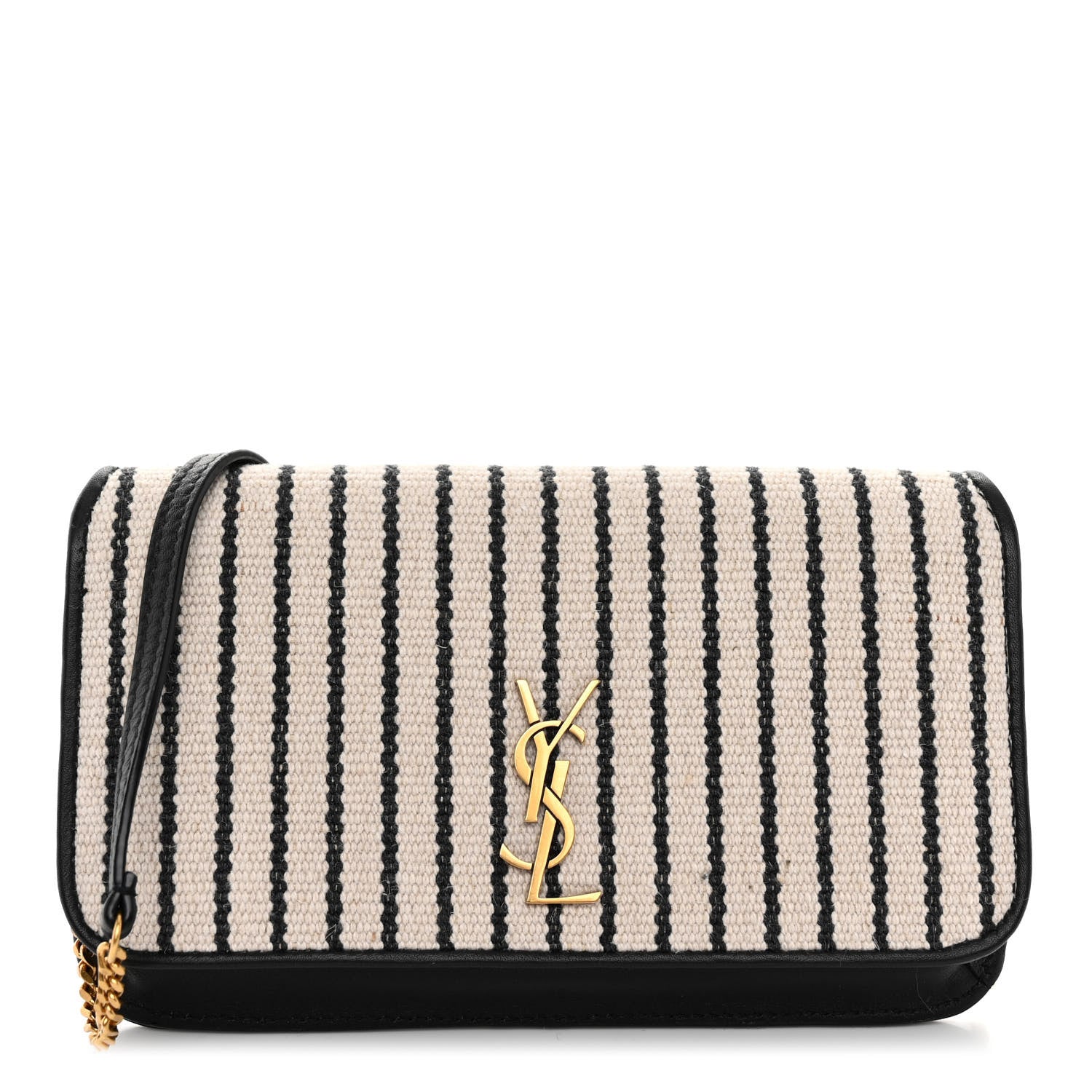 Saint Laurent SAINT LAURENT Canvas Striped Phone Holder Crossbody Beige Black 1 of 9