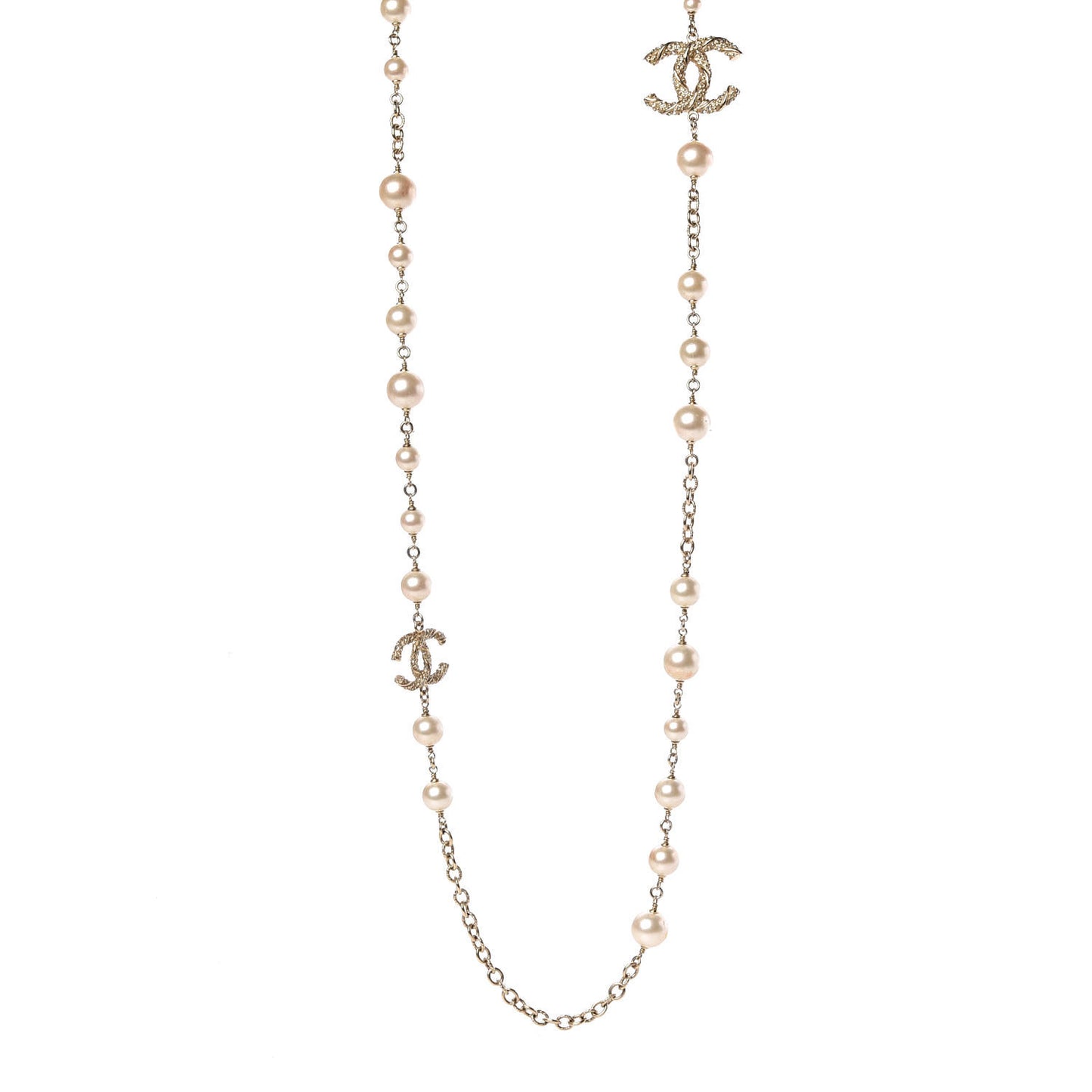 Graduated Pearl Crystal Twisted CC Long Necklace Gold