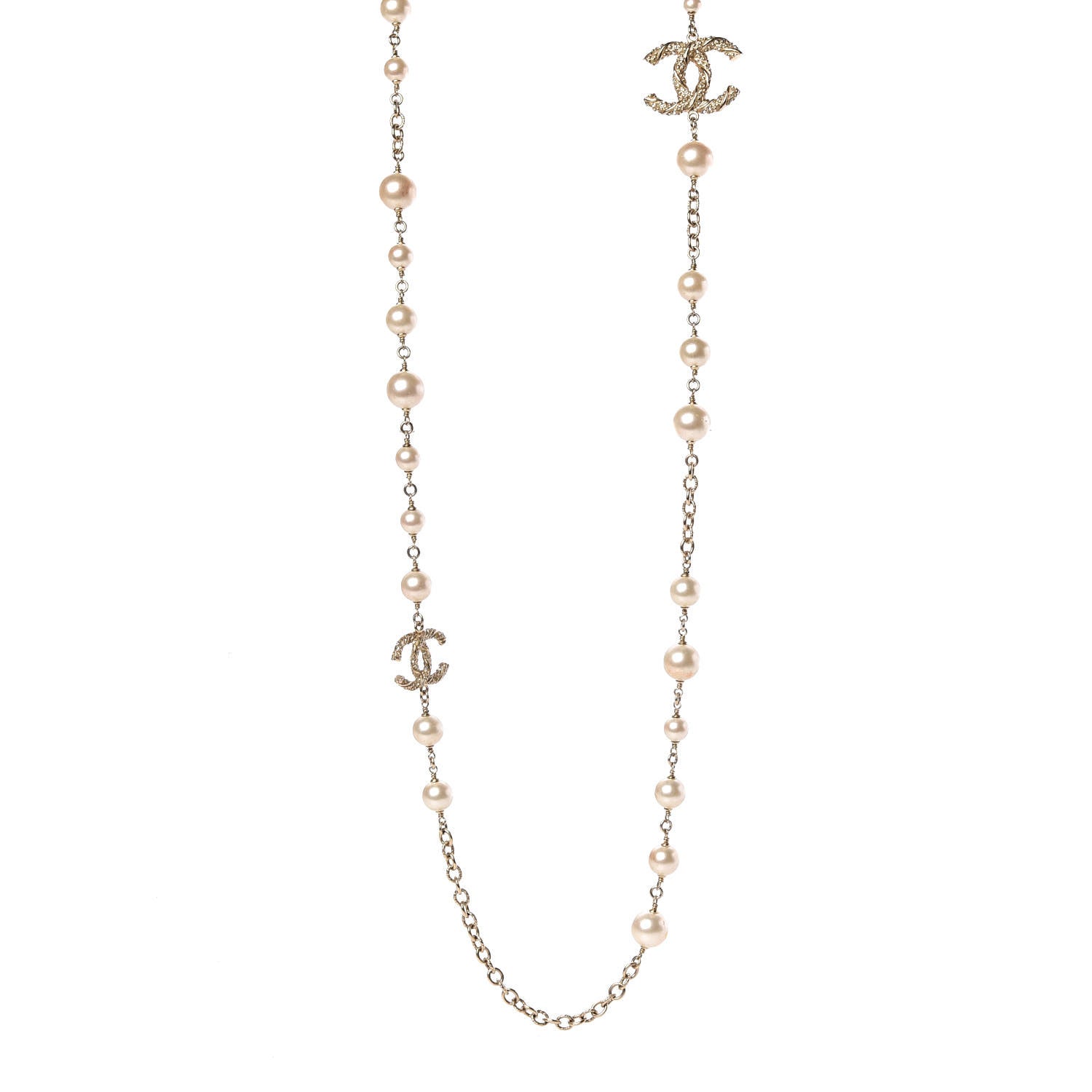 Chanel Graduated Pearl Crystal Twisted CC Long Necklace Gold 1 of 5
