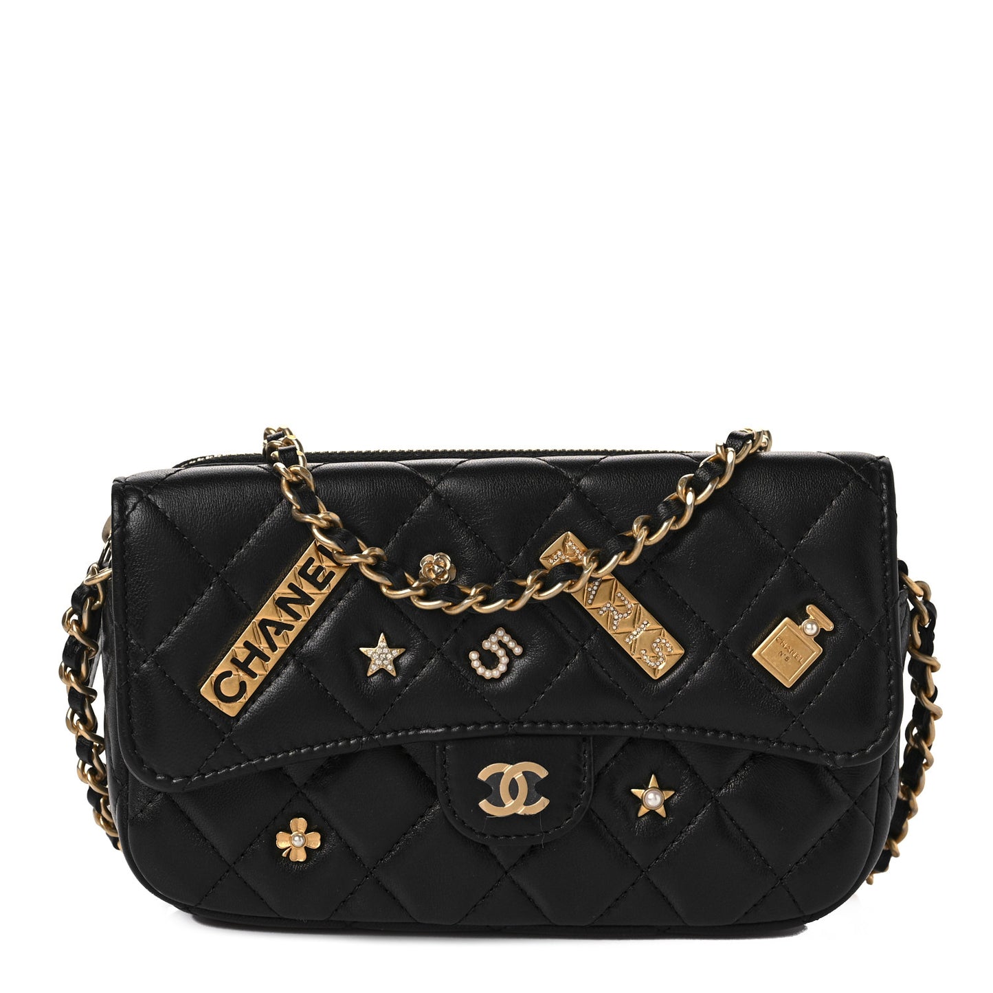 Lambskin Quilted Charm Flap Phone Holder With Chain Black