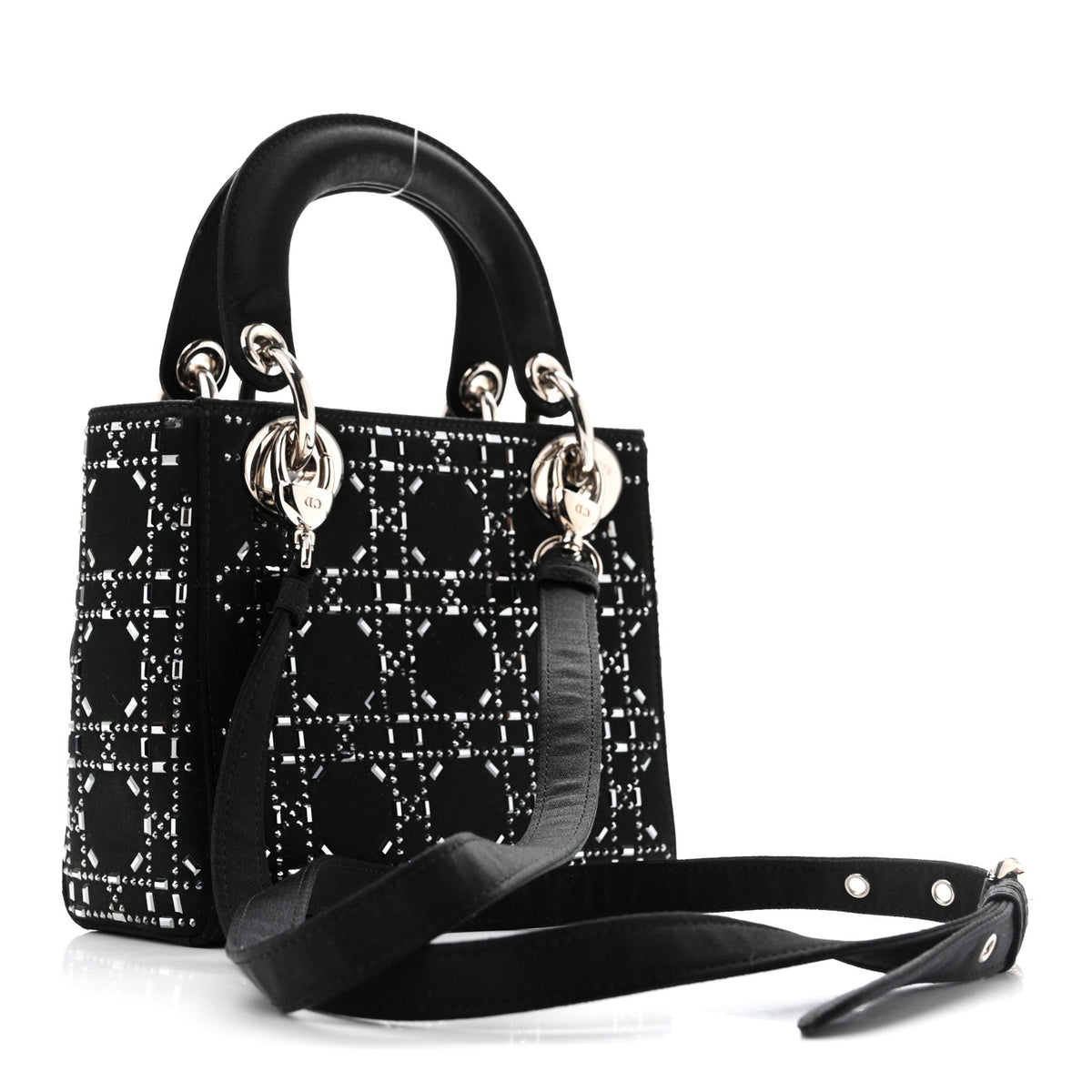 Satin Crystal Cannage Mini Lady Dior Black