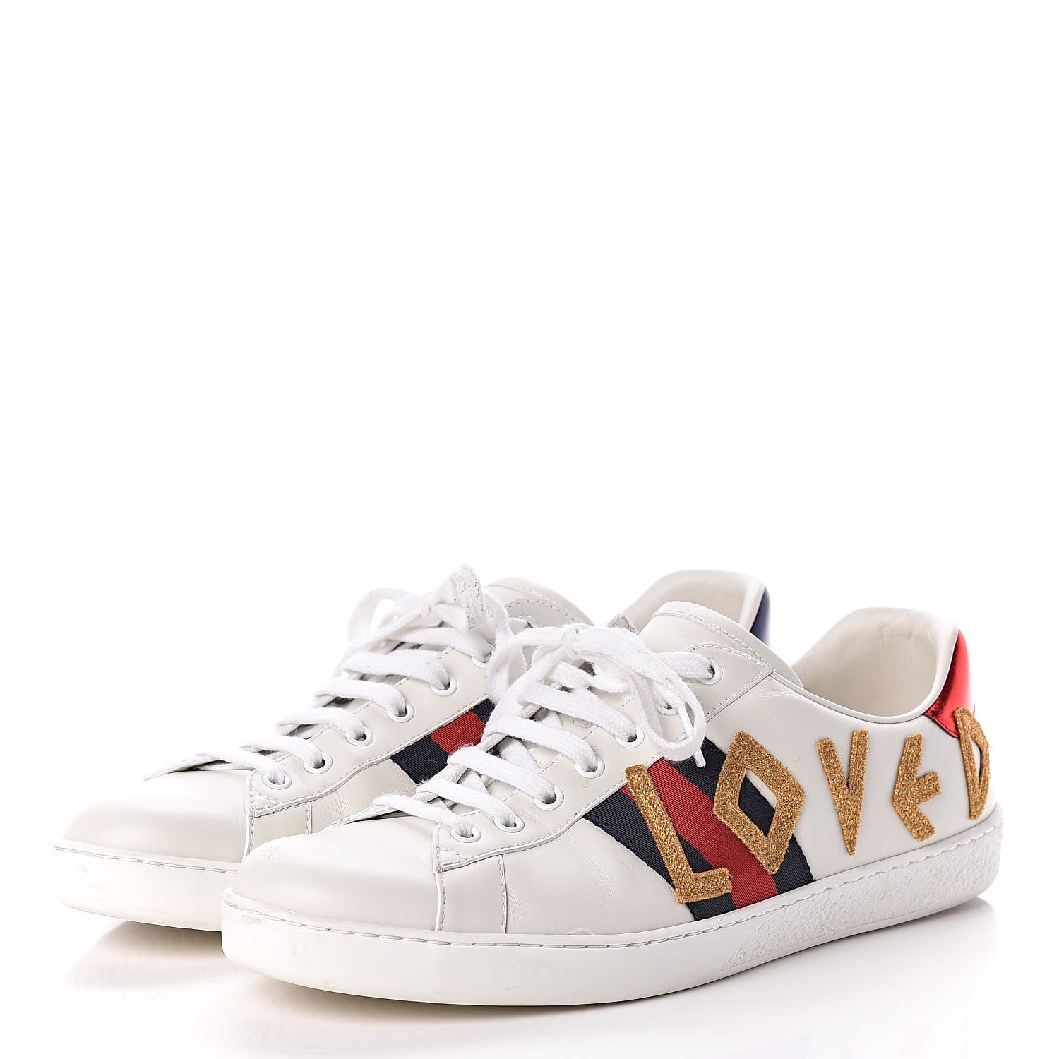 Gucci Calfskin Nappa Web LOVED Embroidered Mens Ace Sneakers 10 White Red Flame Notte 3 of 10