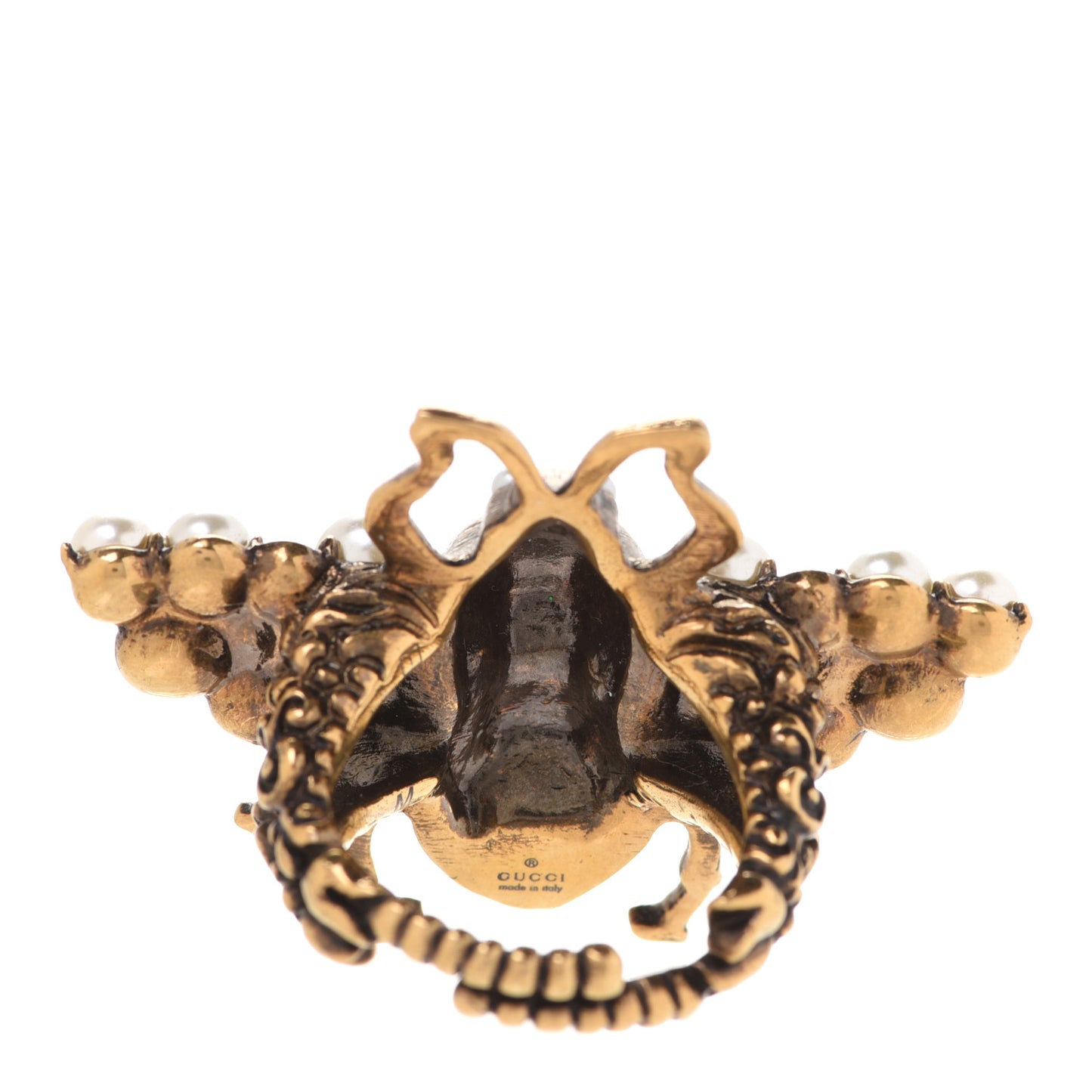Metal Crystal Pearl Bee Ring M Aged Gold