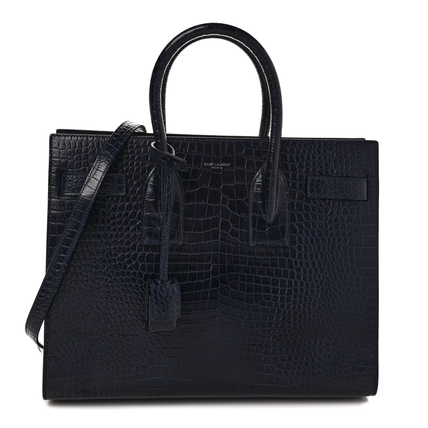 Saint Laurent Calfskin Crocodile Embossed Small Supple Sac de Jour Navy 1 of 8