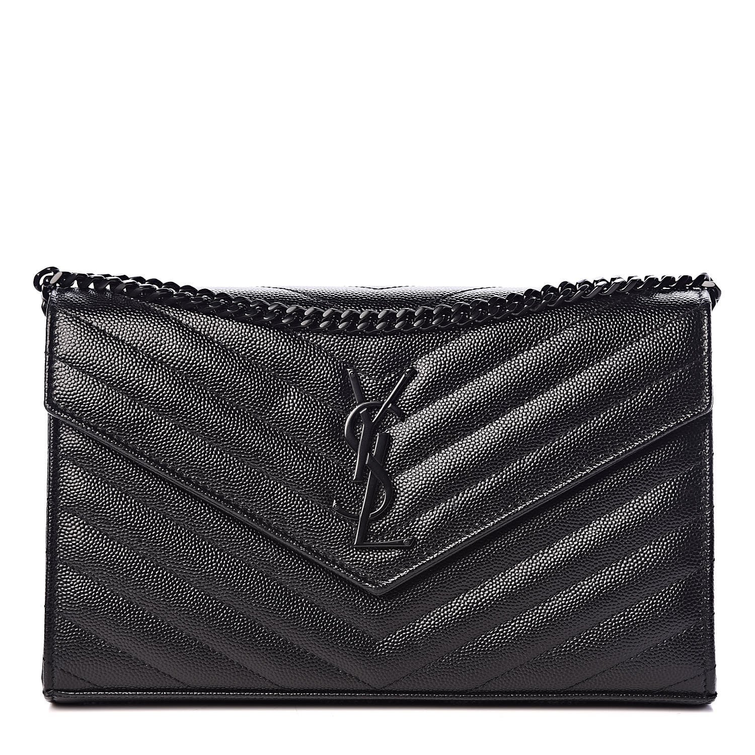 Saint Laurent Grain De Poudre Matelasse Chevron Monogram Chain Wallet Black 1 of 10