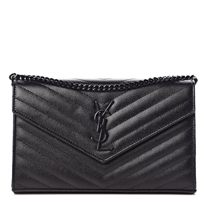 Saint Laurent Grain De Poudre Matelasse Chevron Monogram Chain Wallet Black 1 of 10