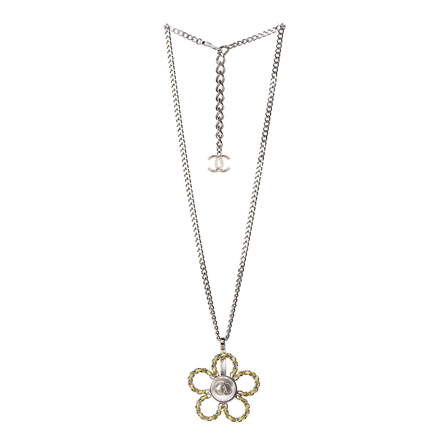 Pearl Lambskin Chain CC Flower Pendant Necklace Gold Yellow