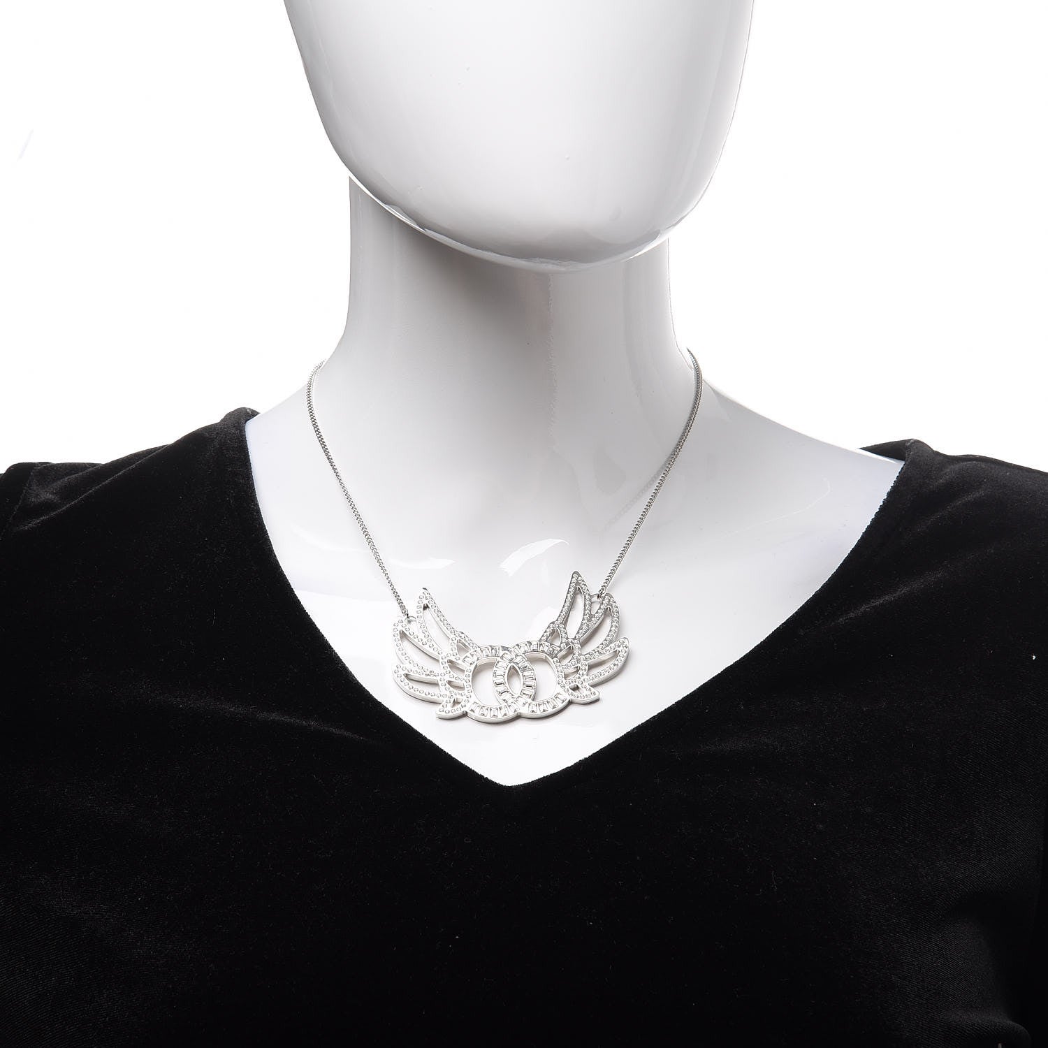 Chanel Baguette Crystal Winged CC Necklace Silver 2 of 7