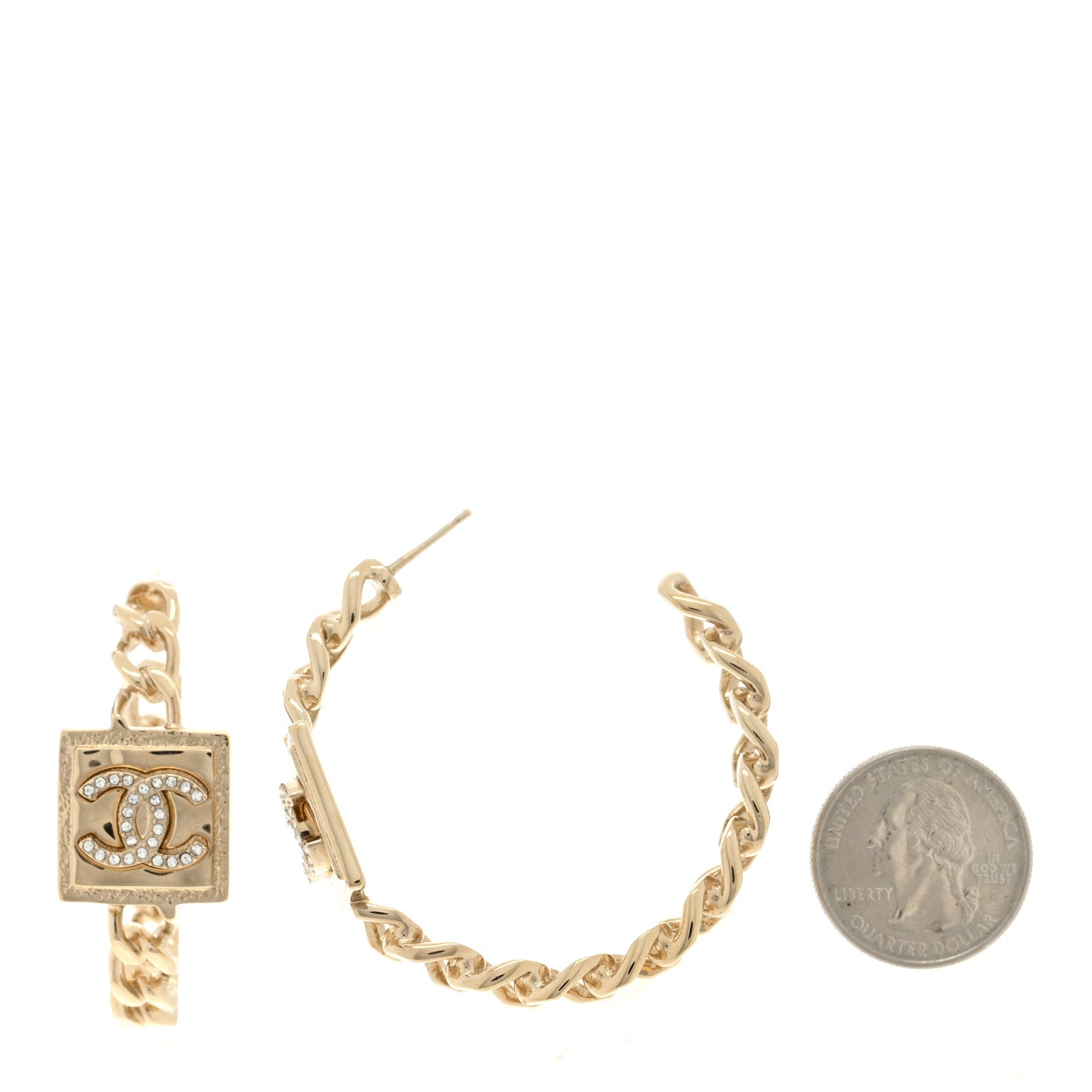 Chanel Metal Crystal CC Square Chain Hoop Earrings Gold 2 of 4
