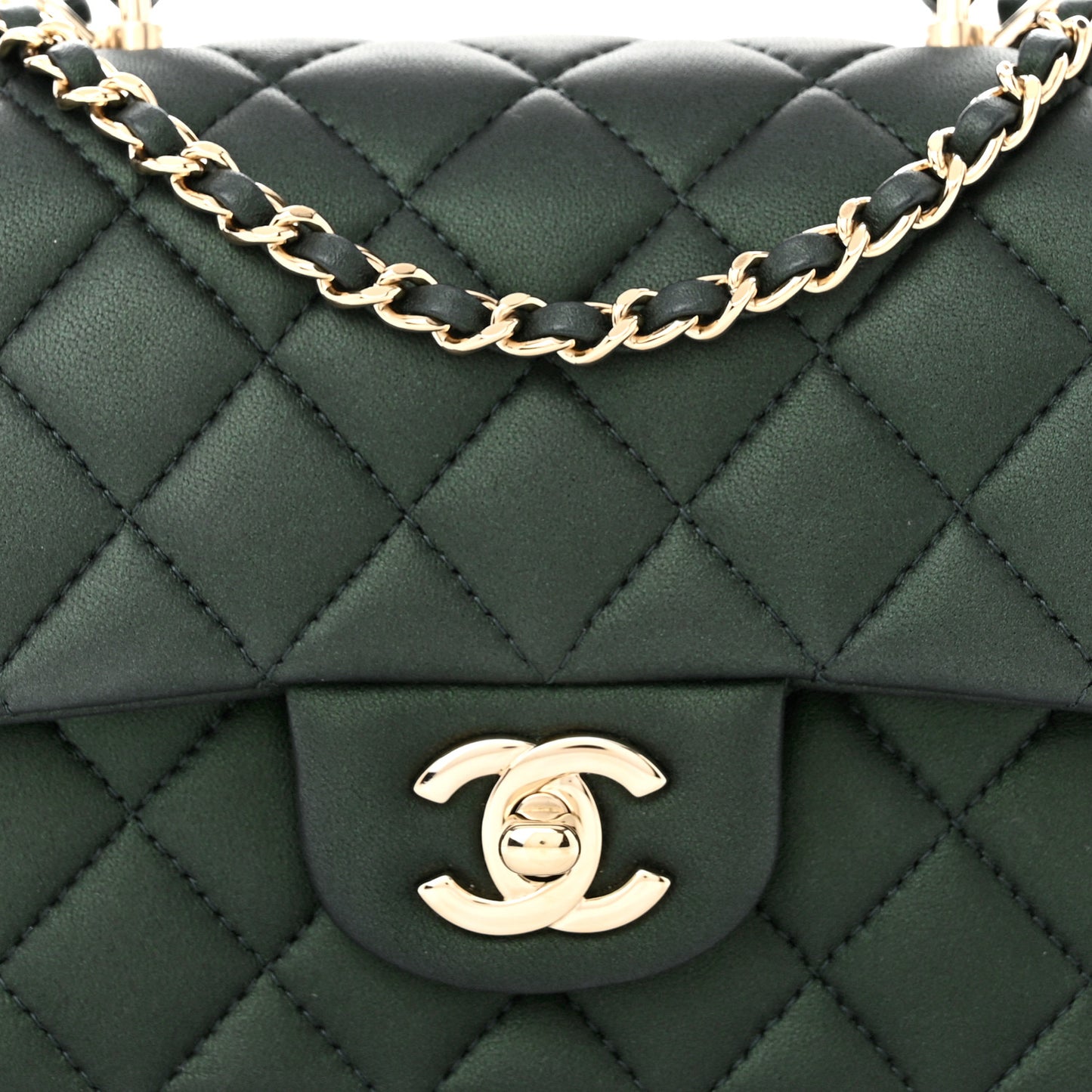 Iridescent Lambskin Quilted Mini Top Handle Rectangular Flap Dark Green