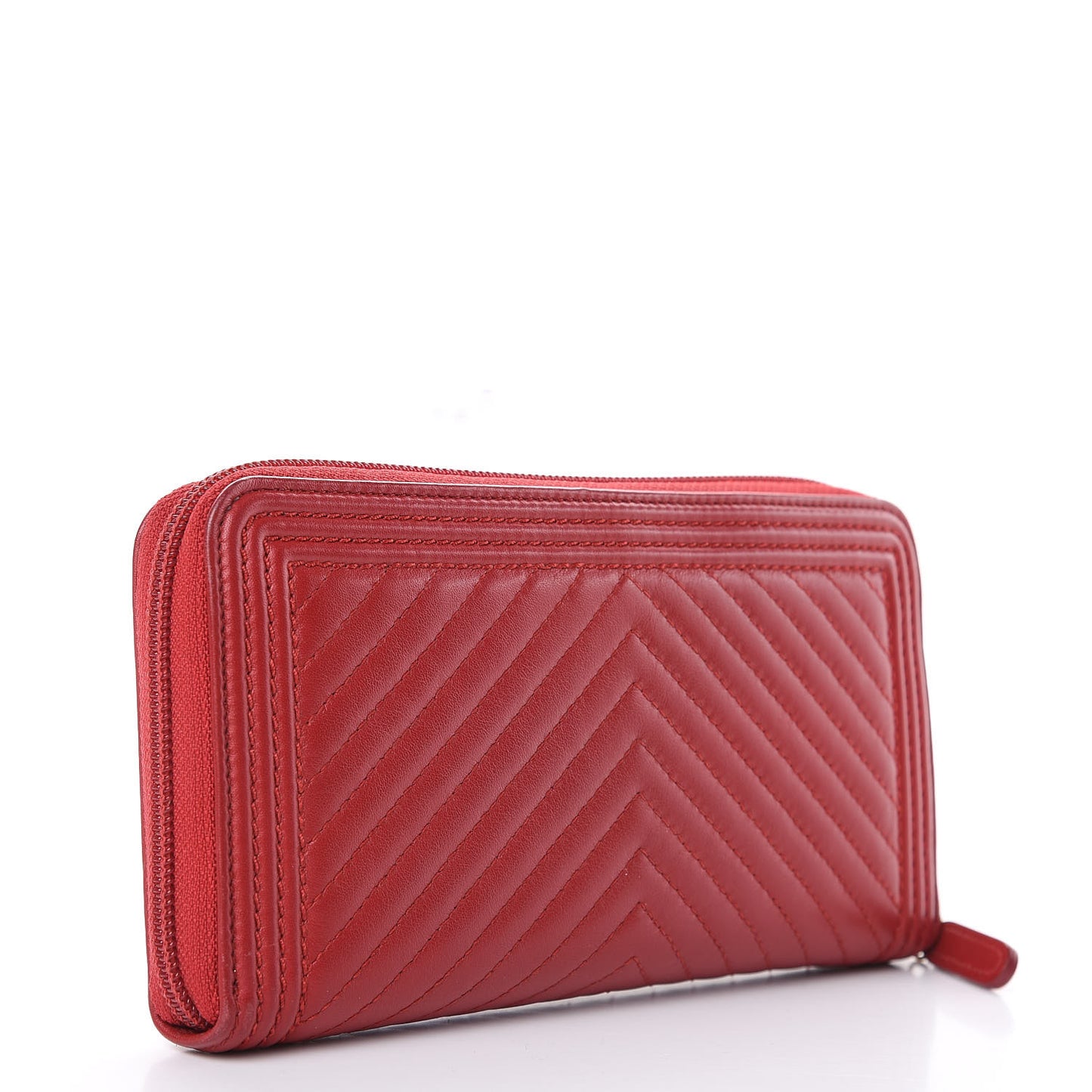 Lambskin Chevron Quilted Zip Around Boy Wallet Red