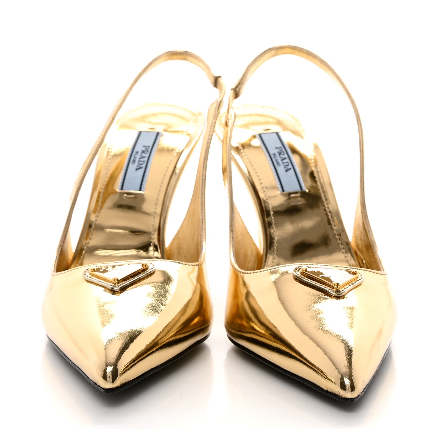 Prada Metallic Calfskin Metal Triangle Logo 85mm Slingback Pumps