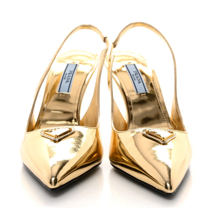 Prada Metallic Calfskin Metal Triangle Logo 85mm Slingback Pumps 35 Platino 2 of 8