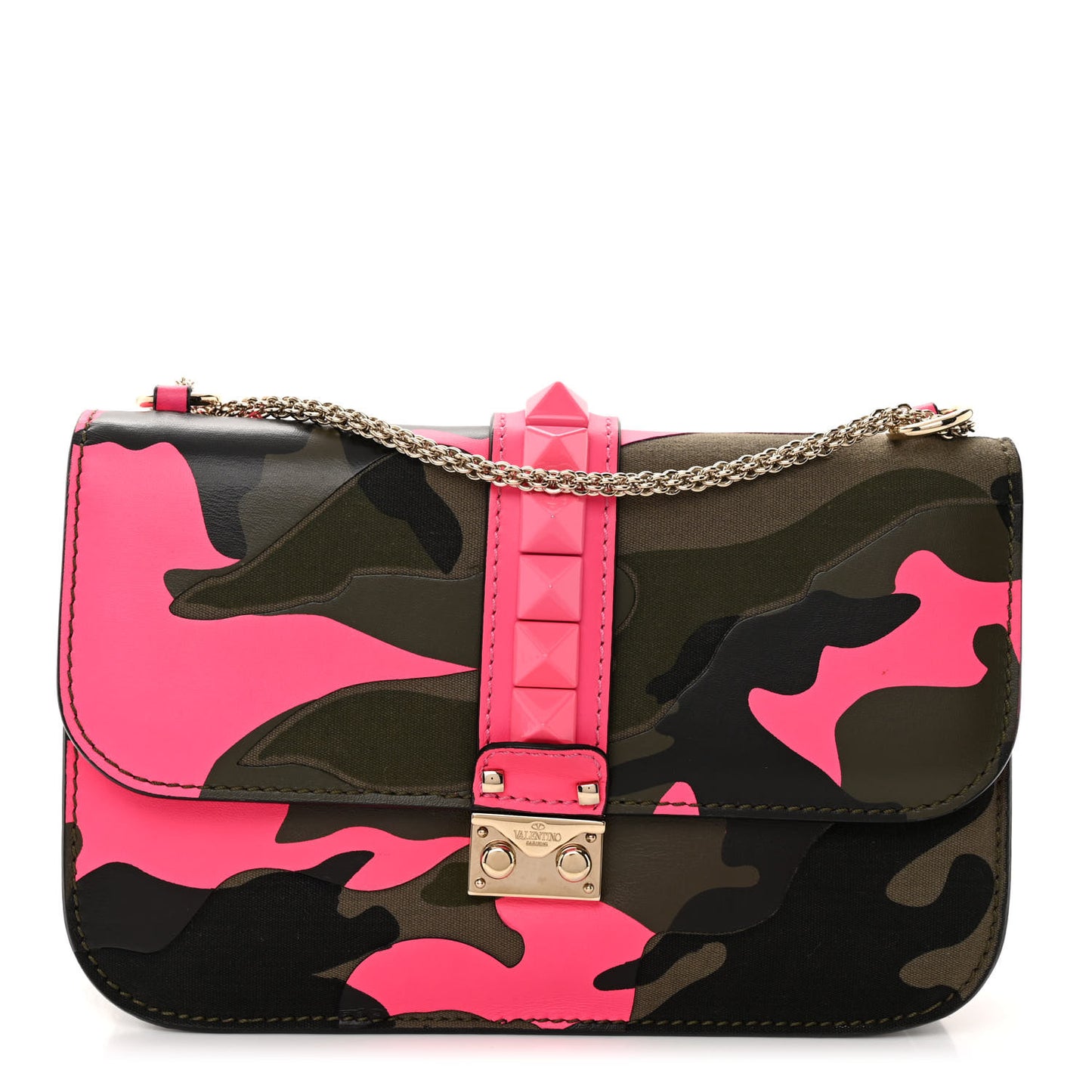 Nappa Canvas Camouflage Medium Glam Lock Rockstud Flap Fuxia Fluo