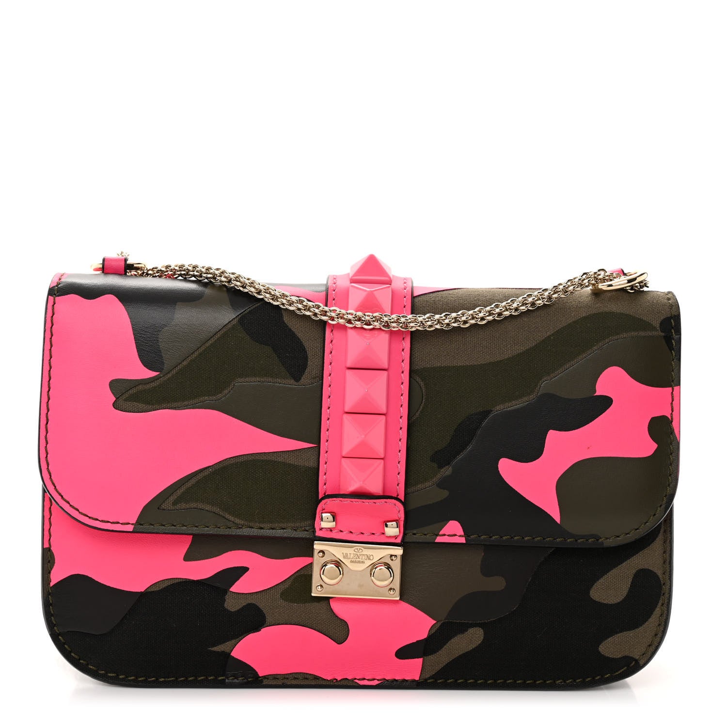 Valentino Garavani Nappa Canvas Camouflage Medium Glam Lock Rockstud Flap Fuxia Fluo 1 of 9