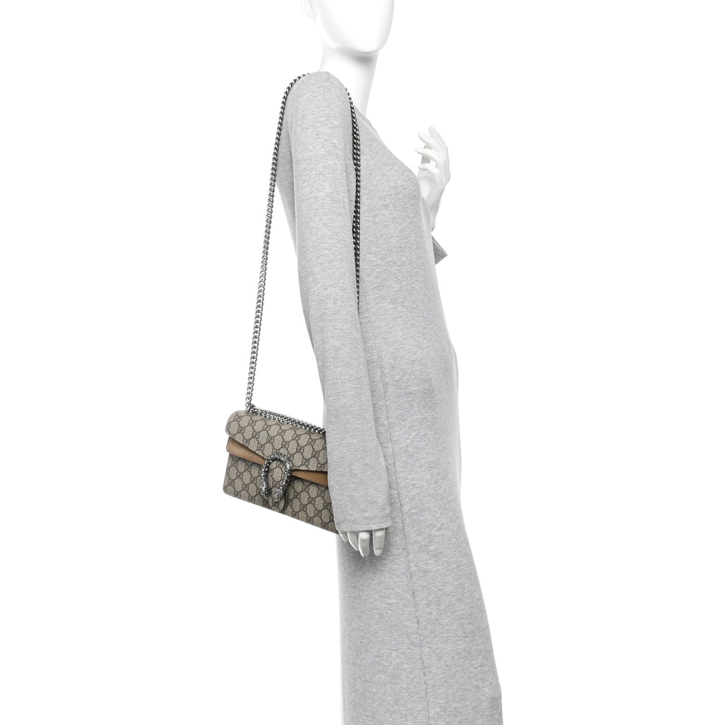 GG Supreme Monogram Suede Crystal Small Dionysus Shoulder Bag Beige Ebony Taupe