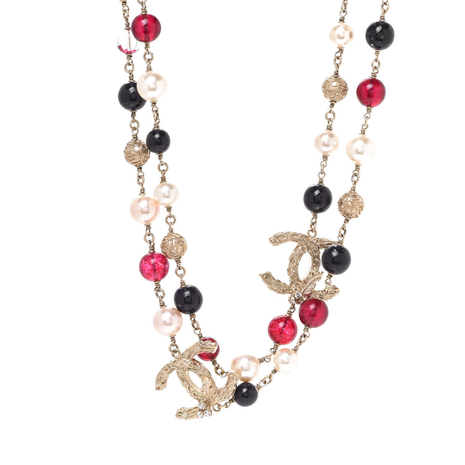 Chanel Beaded Pearl Textured CC Long Strand Necklace Blue Red Gold 1 of 7