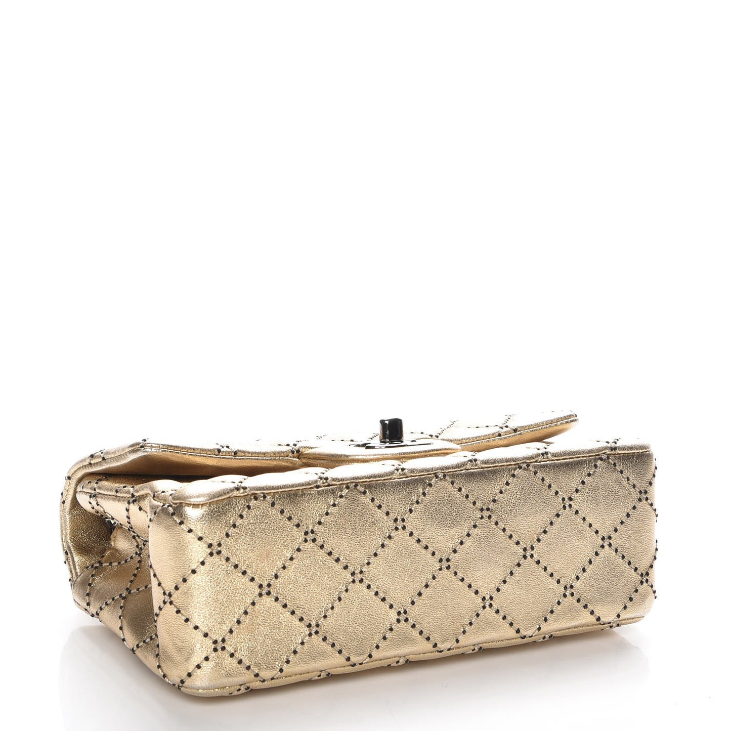 Metallic Lambskin Quilted Side Stitch Mini Rectangular Flap Gold