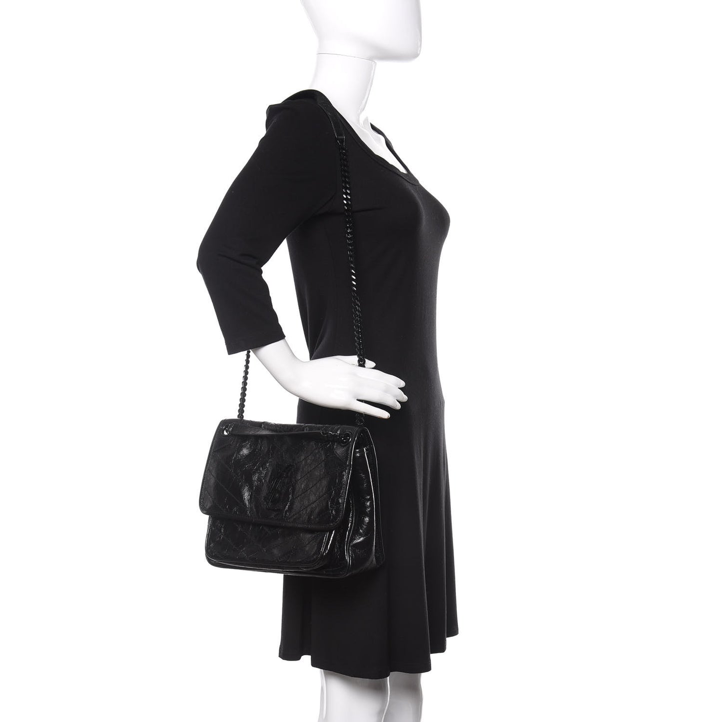 Crinkled Calfskin Matelasse Monogram Medium Niki Chain Satchel Black