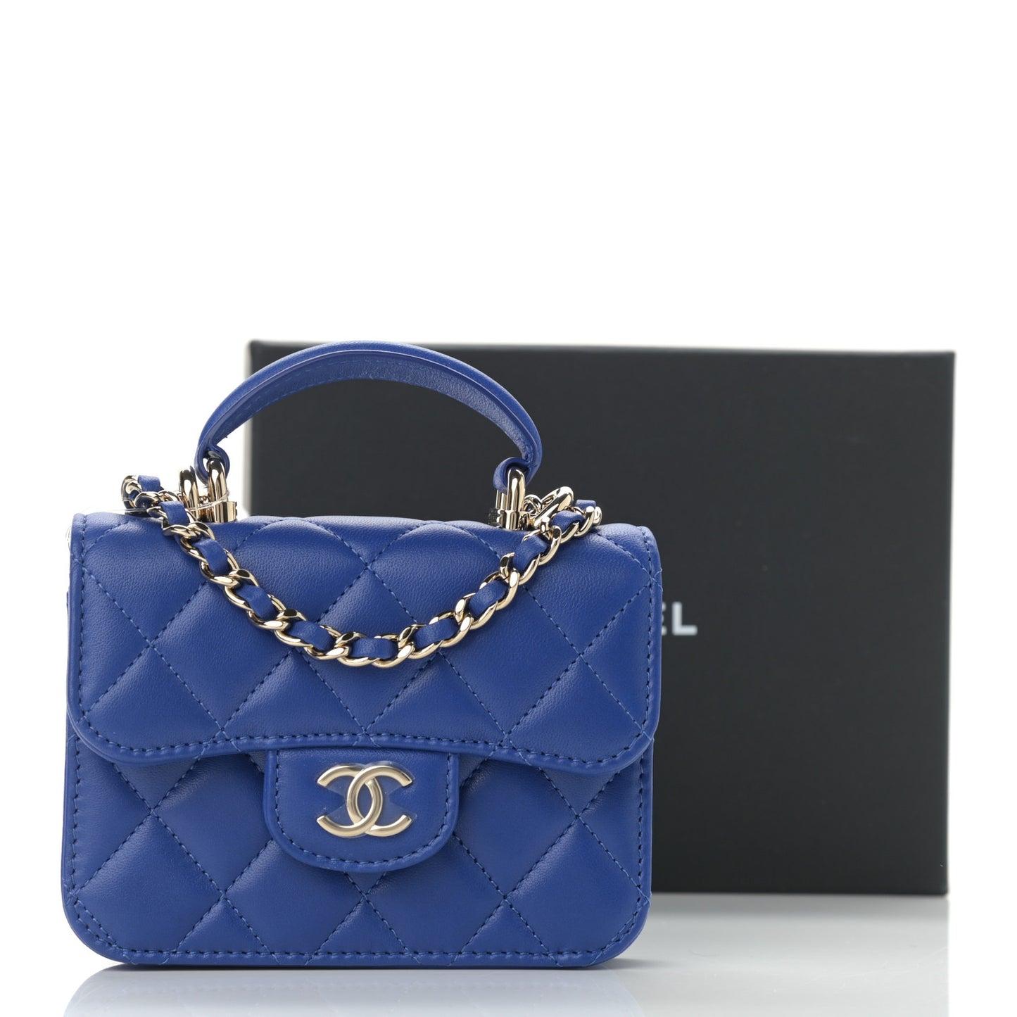 Lambskin Quilted Top Handle Flap Coin Purse With Chain Blue