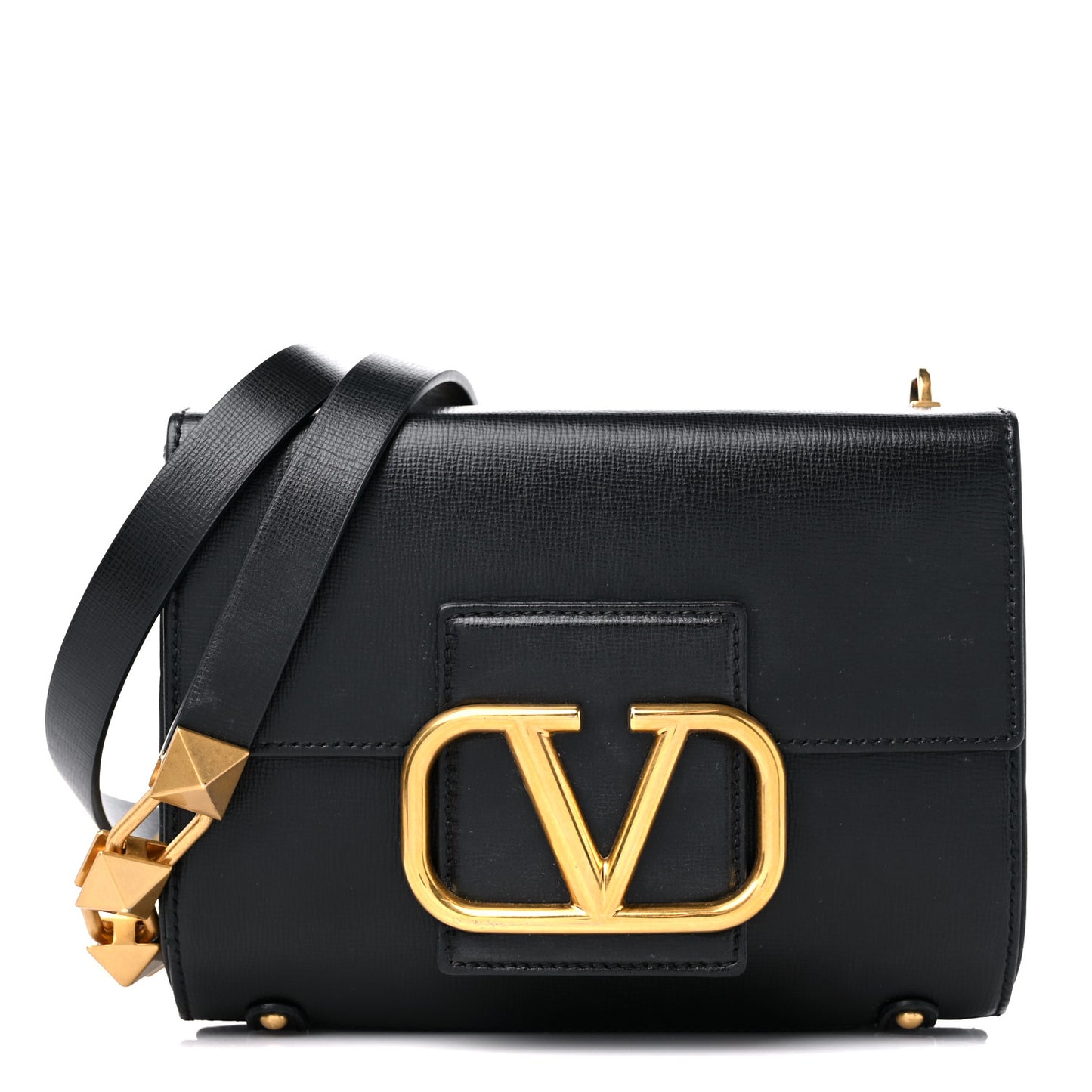 Grainy Calfskin Stud Sign Shoulder Bag Black