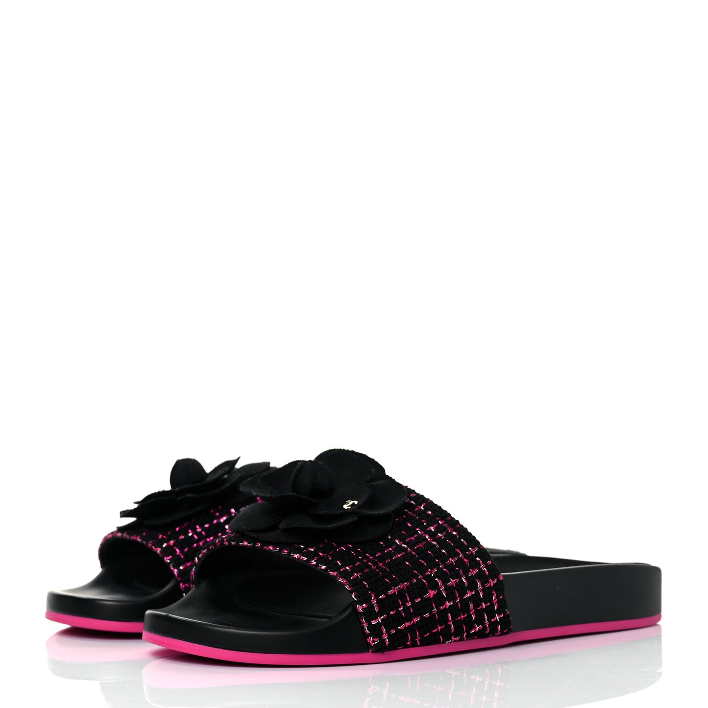 Tweed Grosgrain Camellia CC Flat Mules 37 Black Pink