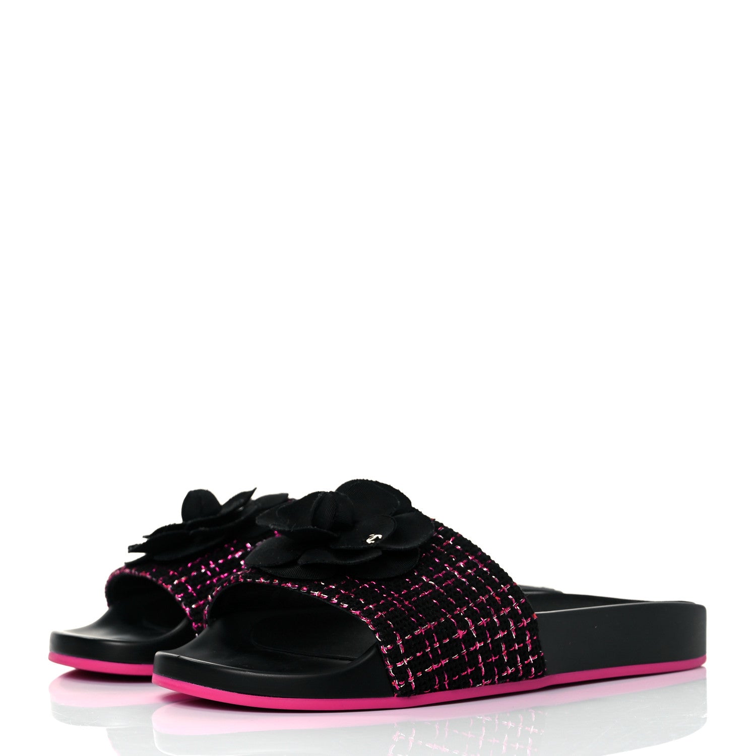 Chanel Tweed Grosgrain Camellia CC Flat Mules 37 Black Pink 3 of 8