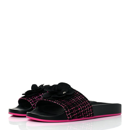 Chanel Tweed Grosgrain Camellia CC Flat Mules 37 Black Pink 3 of 8